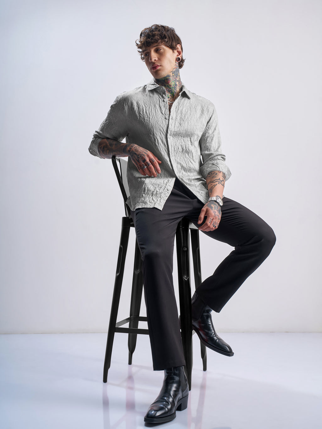 Highlander Men Grey Crushed Relaxed Fit Casual Shirt - Grey - Image 2