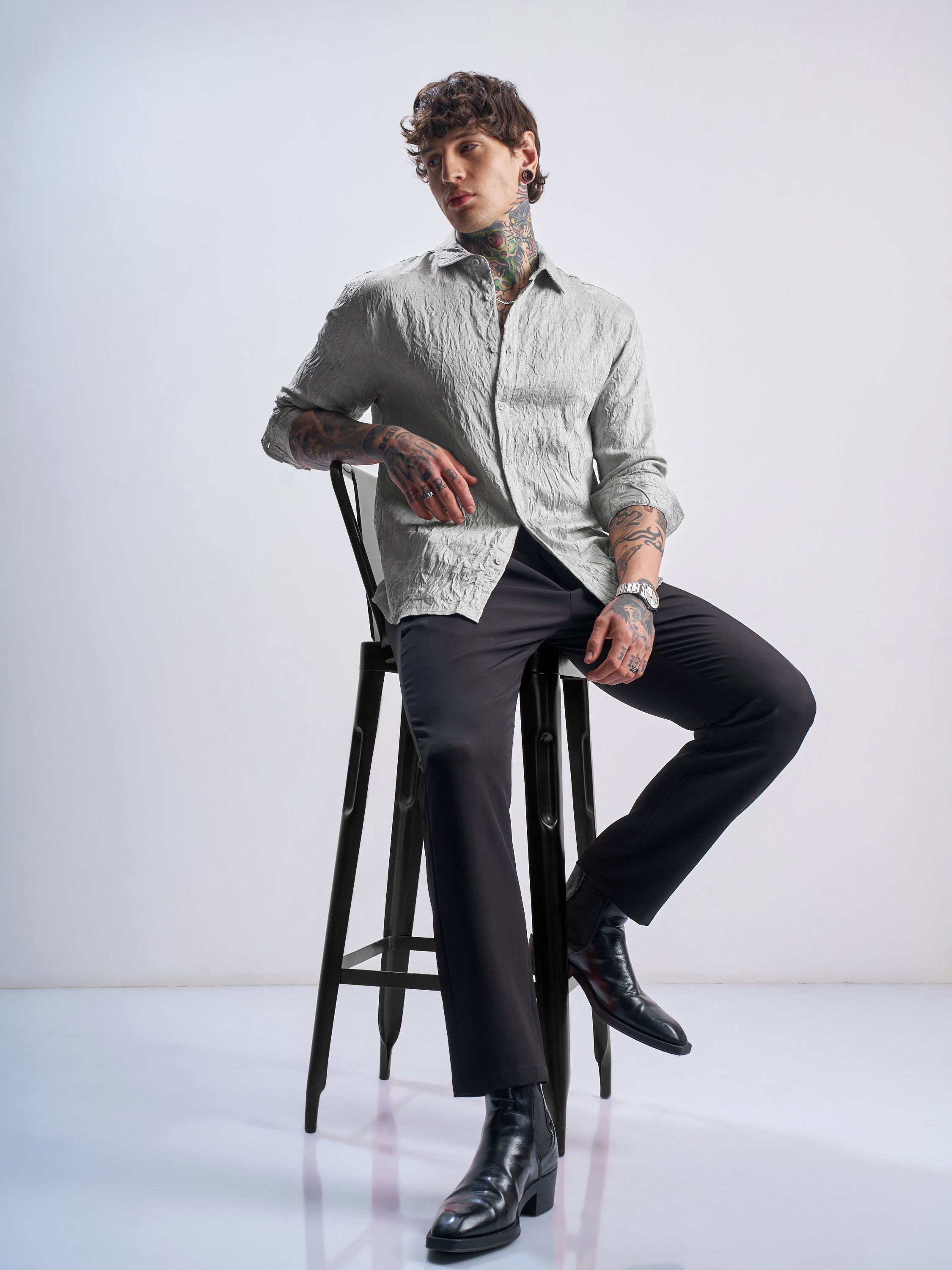 Highlander Men Grey Crushed Relaxed Fit Casual Shirt - Grey - Image 2