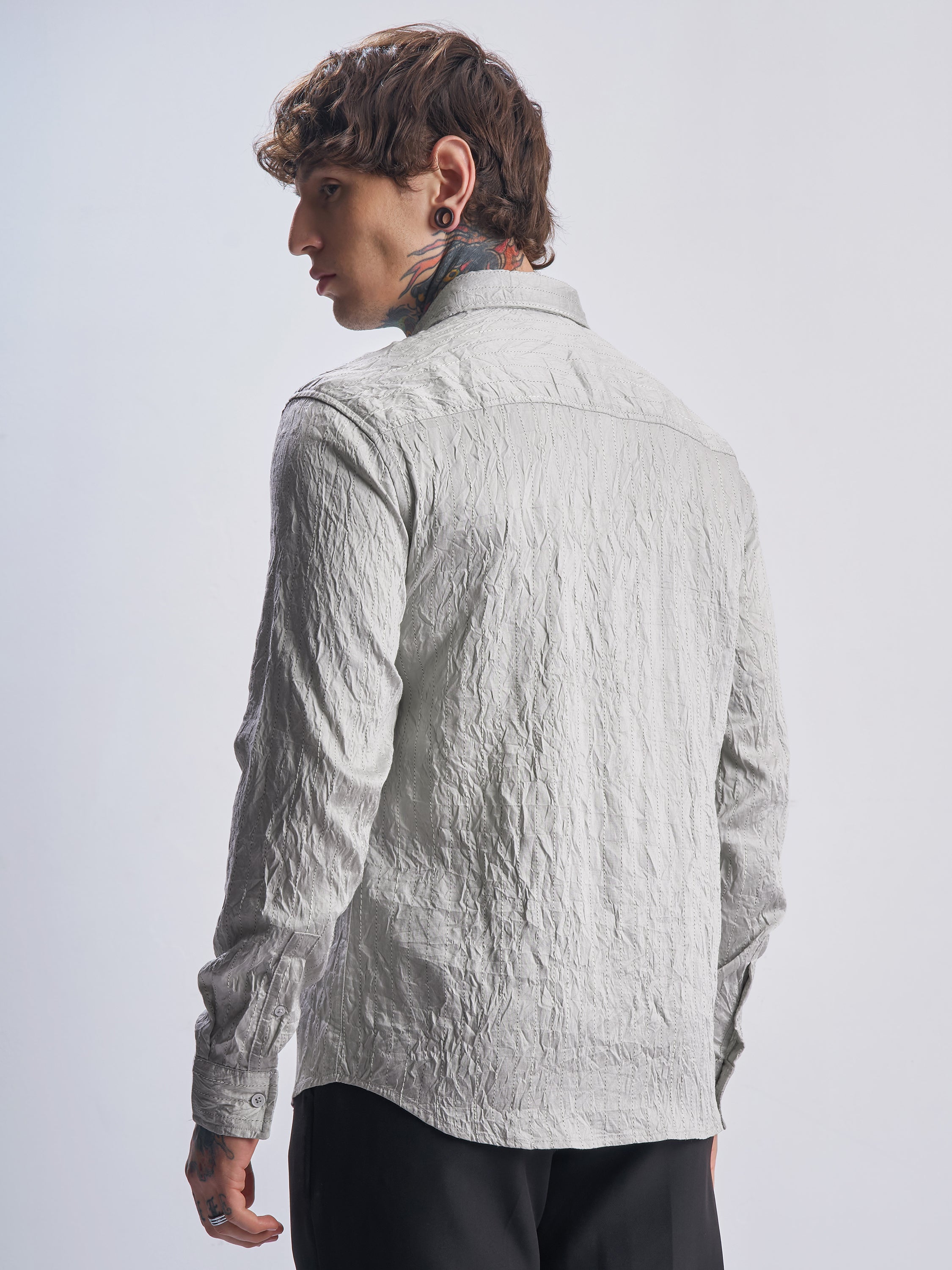 Highlander Men Grey Crushed Relaxed Fit Casual Shirt - Grey - Image 3