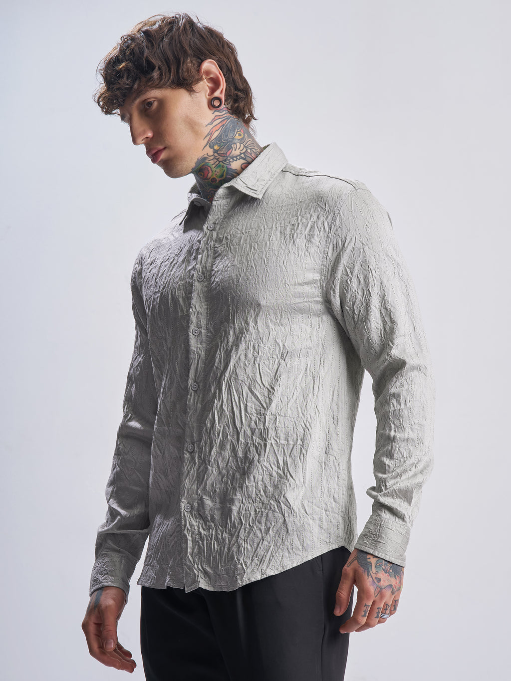 Highlander Men Grey Crushed Relaxed Fit Casual Shirt - Grey - Image 4
