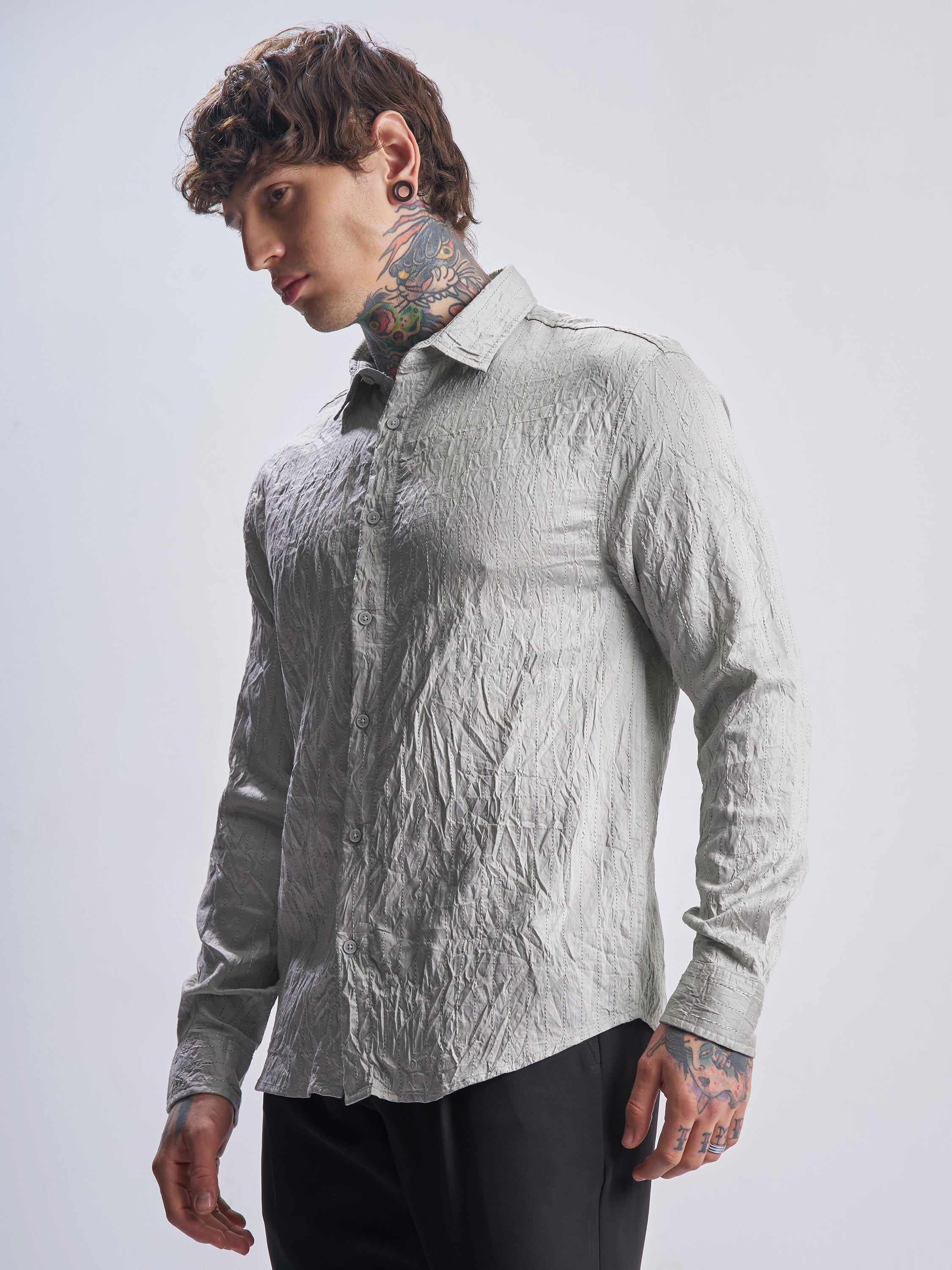 Highlander Men Grey Crushed Relaxed Fit Casual Shirt - Grey - Image 4