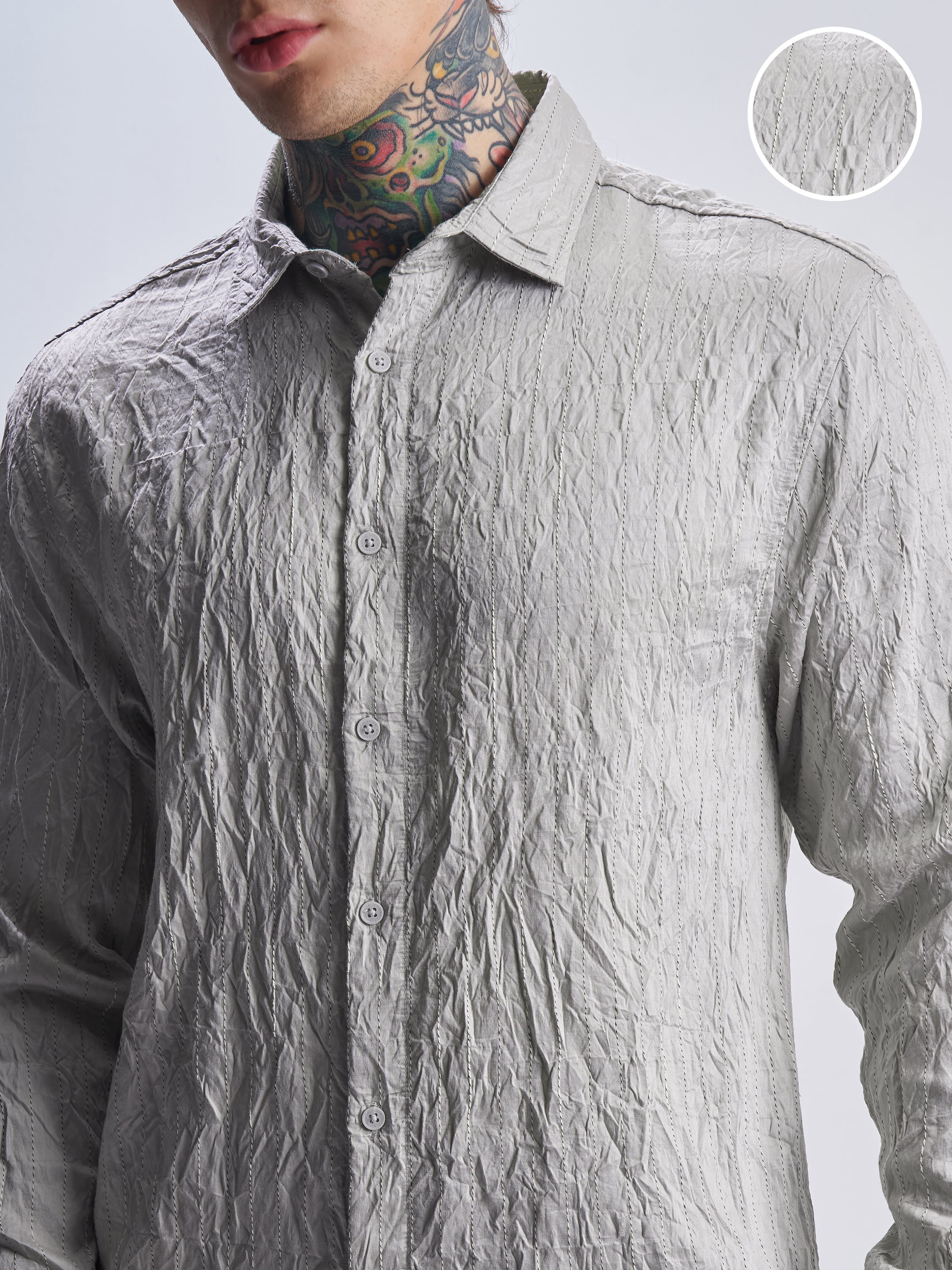 Highlander Men Grey Crushed Relaxed Fit Casual Shirt - Grey - Image 5