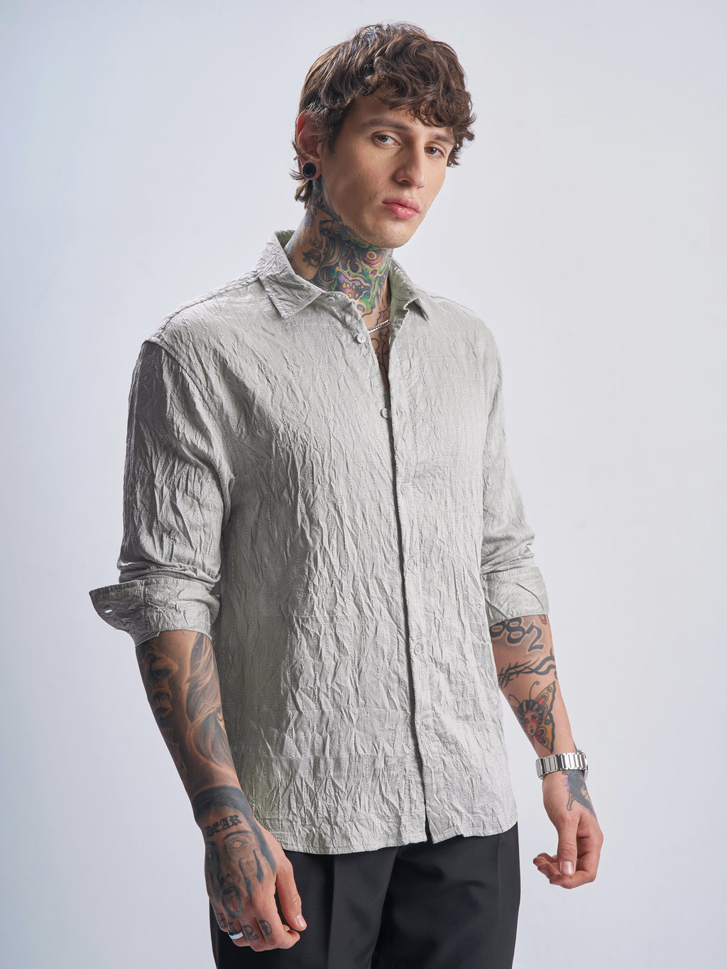Highlander Men Grey Crushed Relaxed Fit Casual Shirt - Grey - Image 6