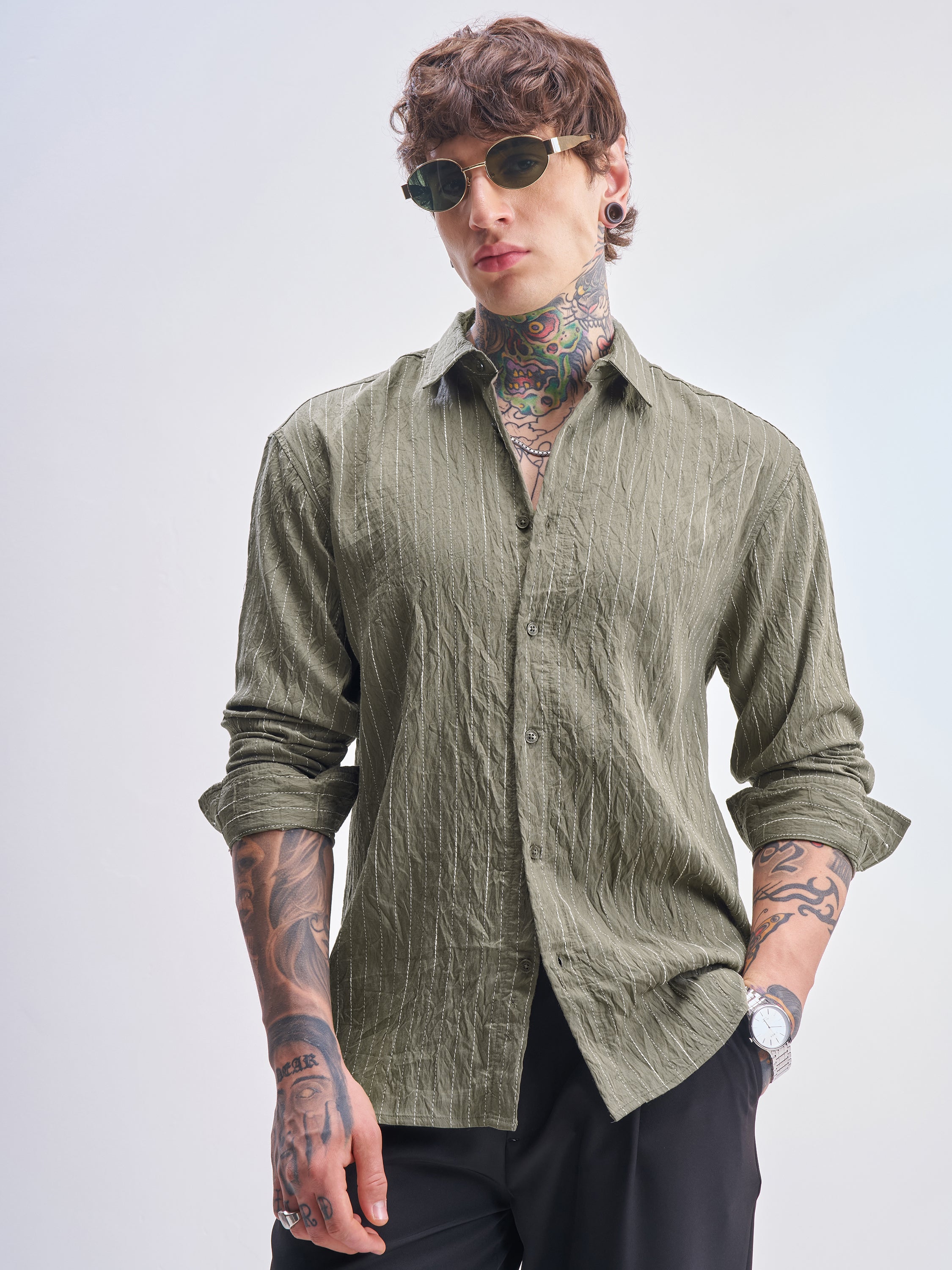 Highlander Men Olive Striped Relaxed Fit Casual Shirt - Olive - Image 1