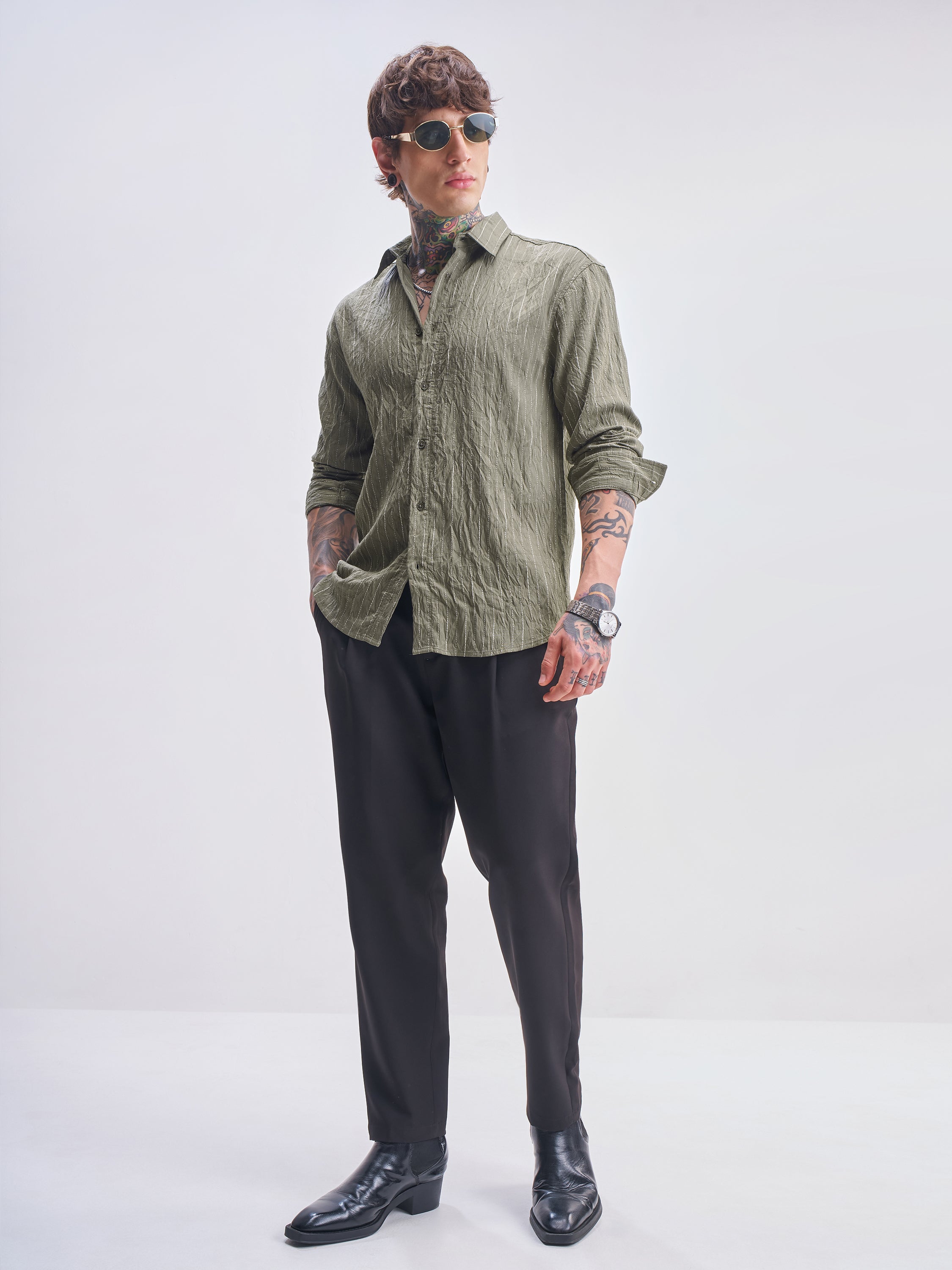 Highlander Men Olive Striped Relaxed Fit Casual Shirt - Olive - Image 2