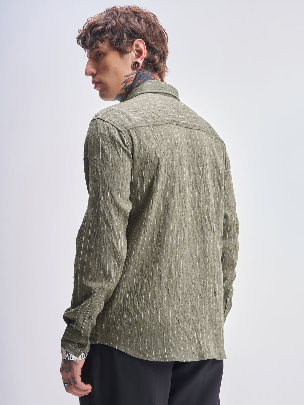 Highlander Men Olive Striped Relaxed Fit Casual Shirt - Olive - Image 3