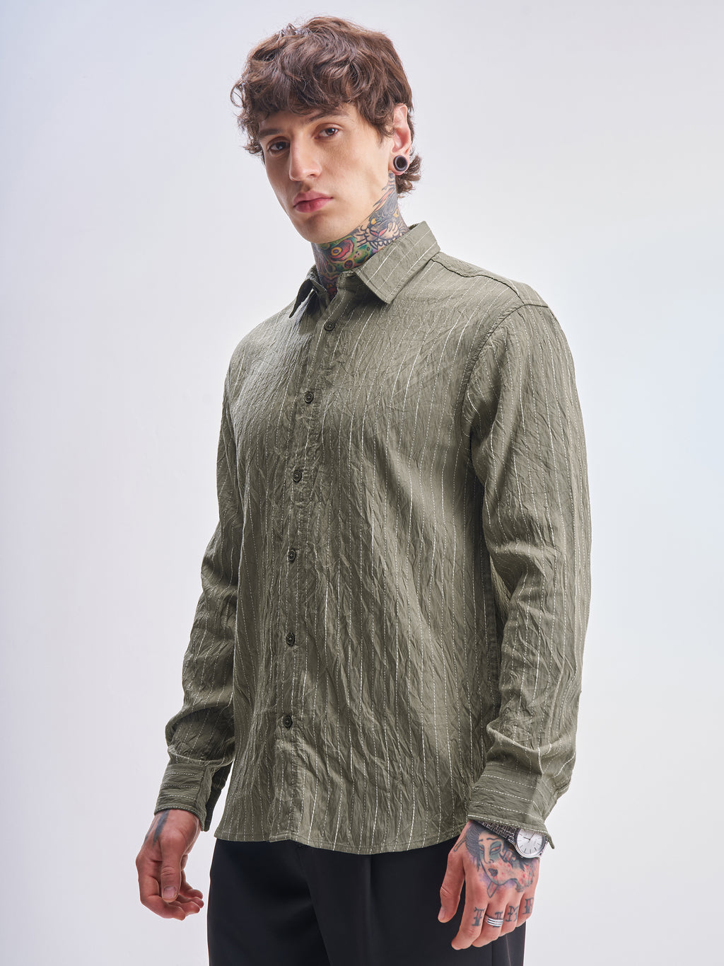 Highlander Men Olive Striped Relaxed Fit Casual Shirt - Olive - Image 4