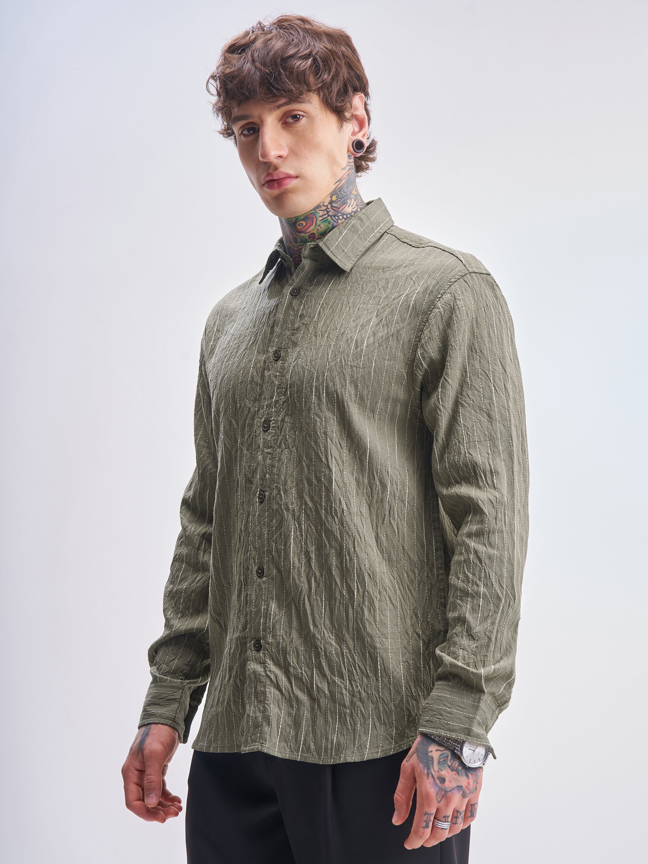 Highlander Men Olive Striped Relaxed Fit Casual Shirt - Olive - Image 4