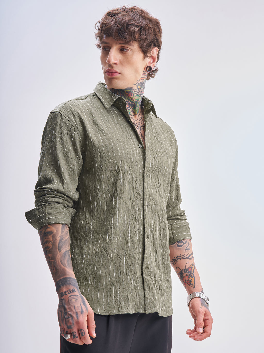 Highlander Men Olive Striped Relaxed Fit Casual Shirt - Olive - Image 6