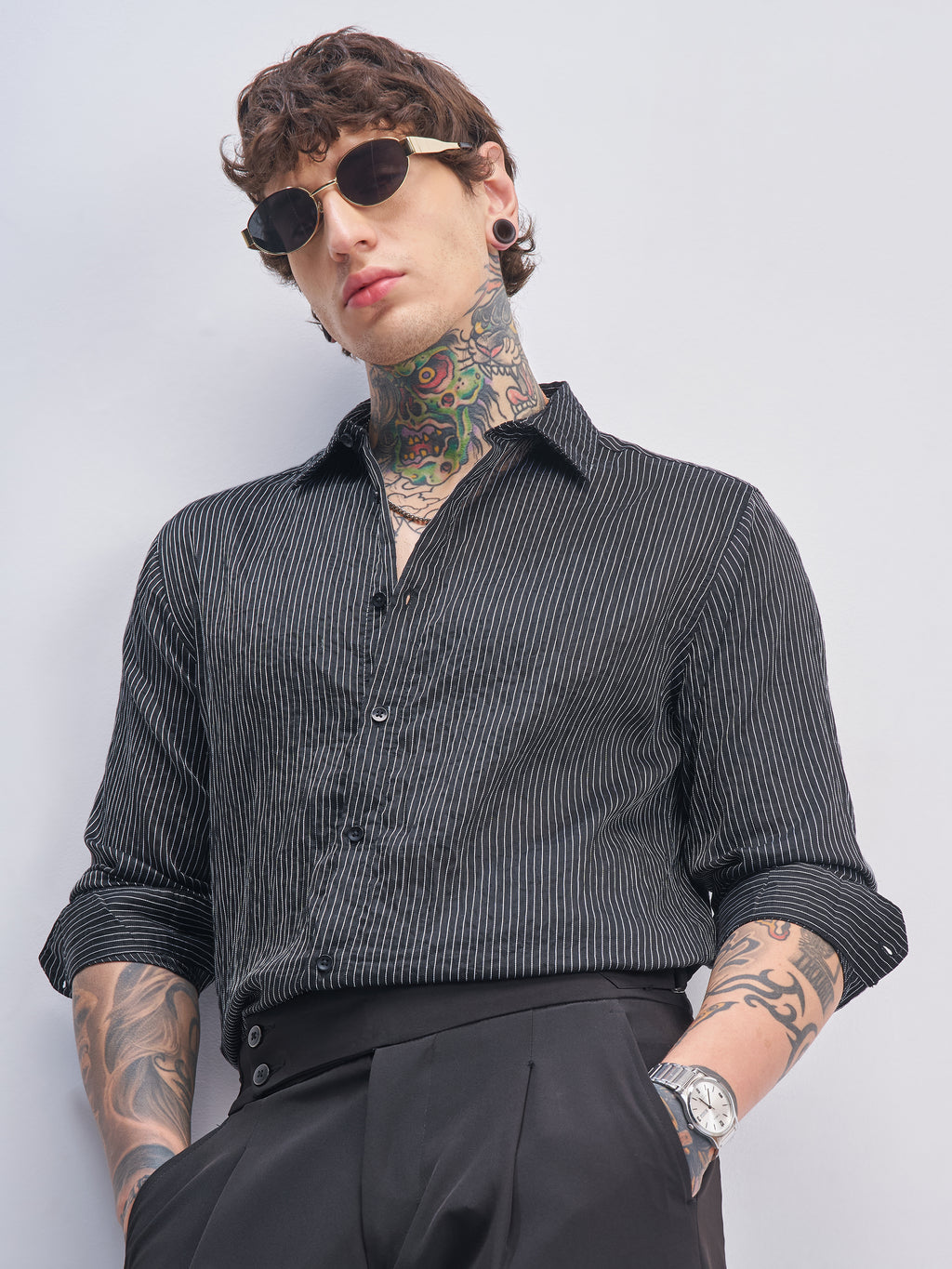 Highlander Men Black Striped Slim Fit Casual Shirt - Black - Image 1
