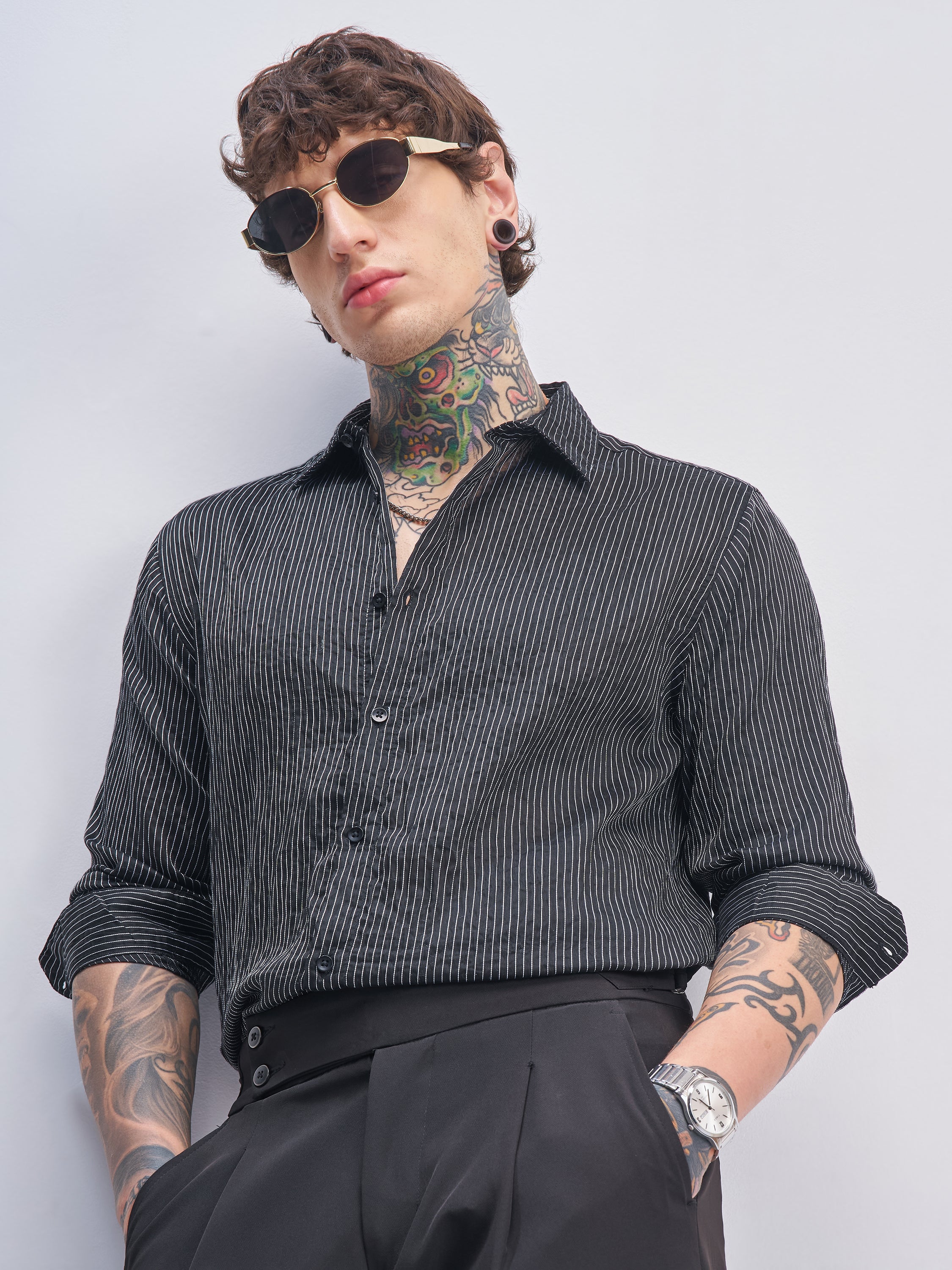 Highlander Men Black Striped Slim Fit Casual Shirt - Black - Image 1