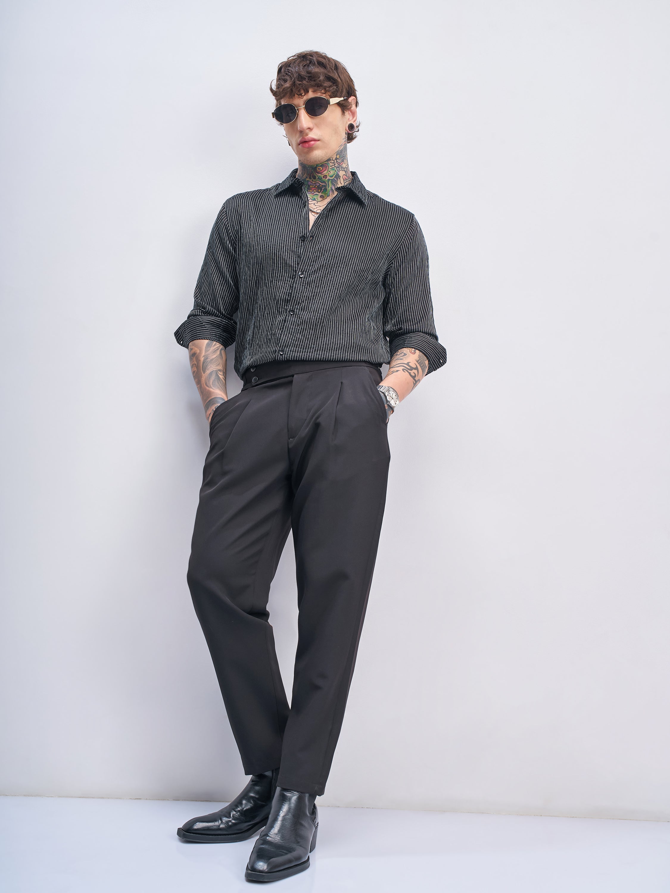 Highlander Men Black Striped Slim Fit Casual Shirt - Black - Image 2