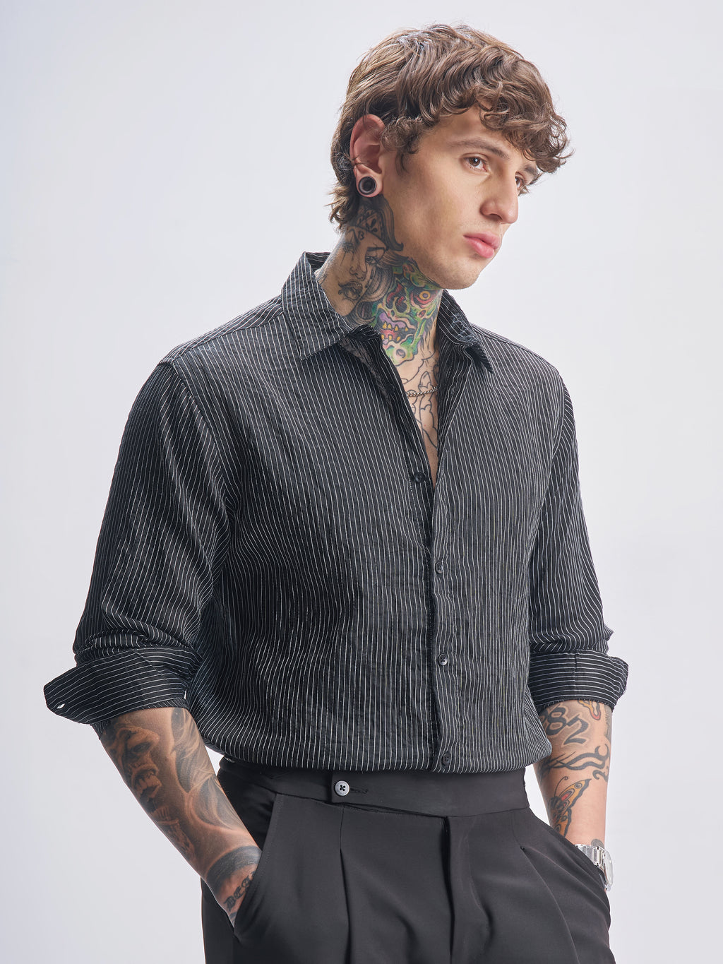 Highlander Men Black Striped Slim Fit Casual Shirt - Black - Image 6