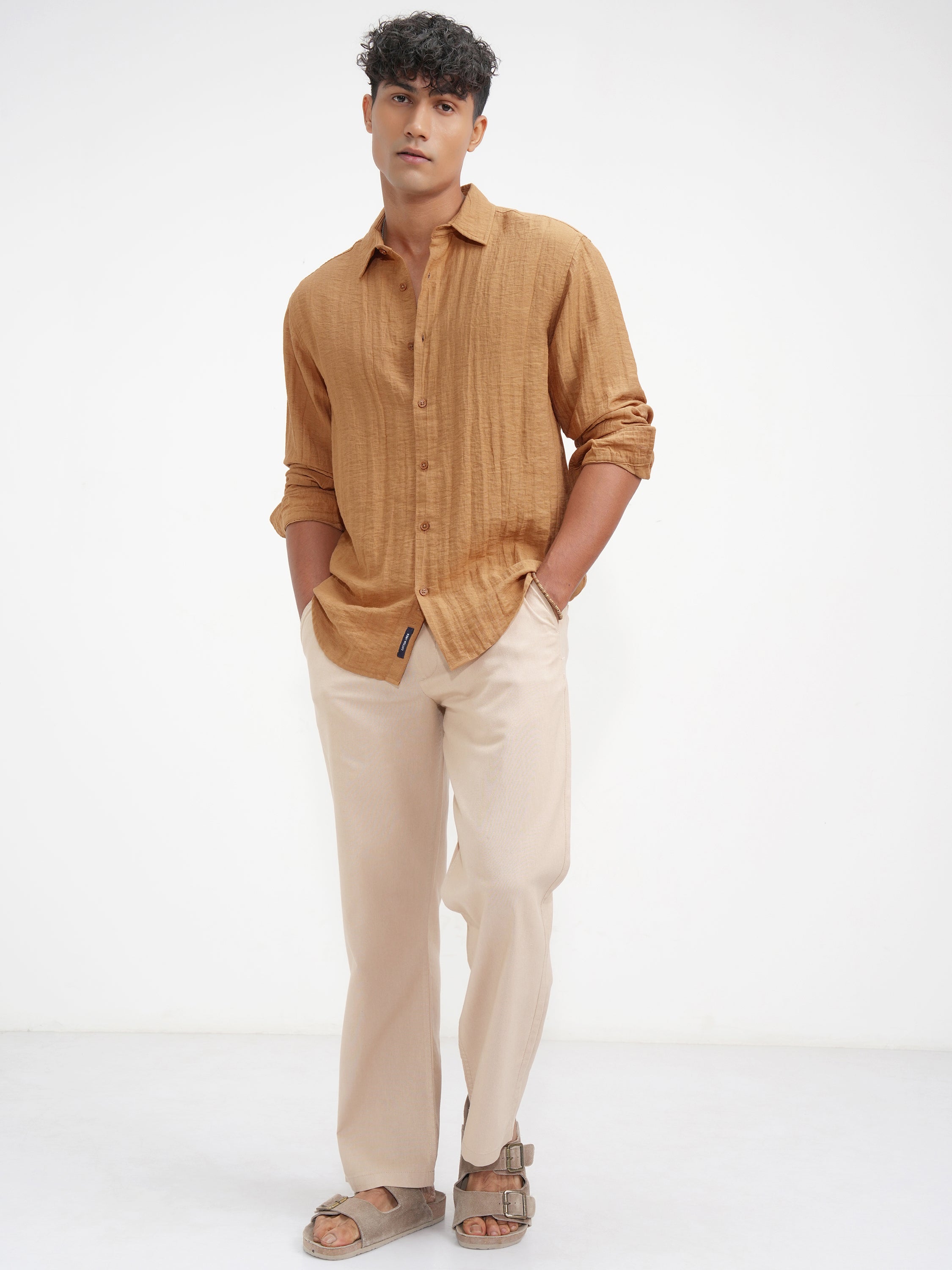 Highlander Men Mustard Self Design Relaxed Fit Casual Shirt - Mustard - Image 2