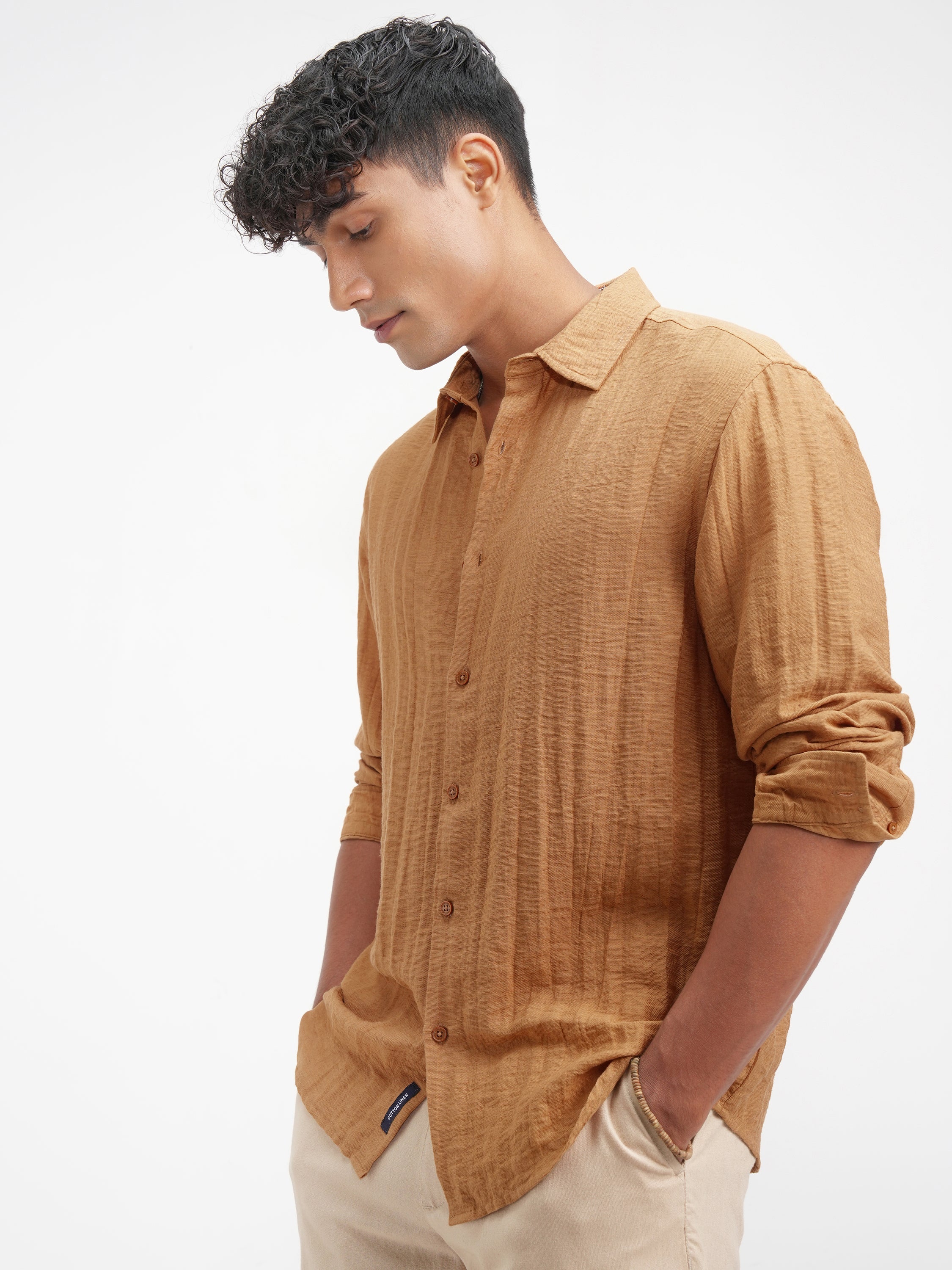 Highlander Men Mustard Self Design Relaxed Fit Casual Shirt - Mustard - Image 4