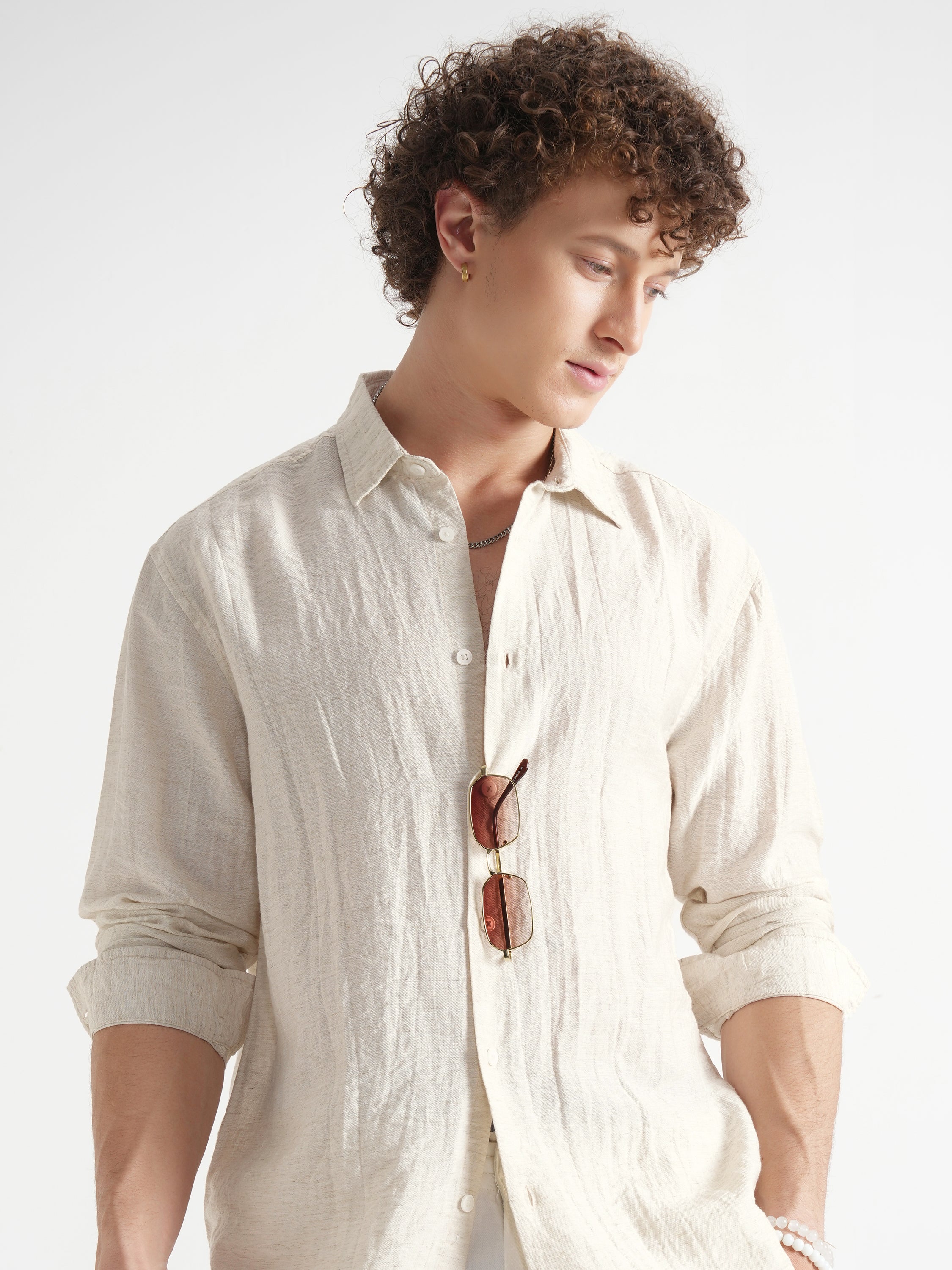 Highlander Men Beige Self Design Relaxed Fit Casual Shirt - Beige - Image 1
