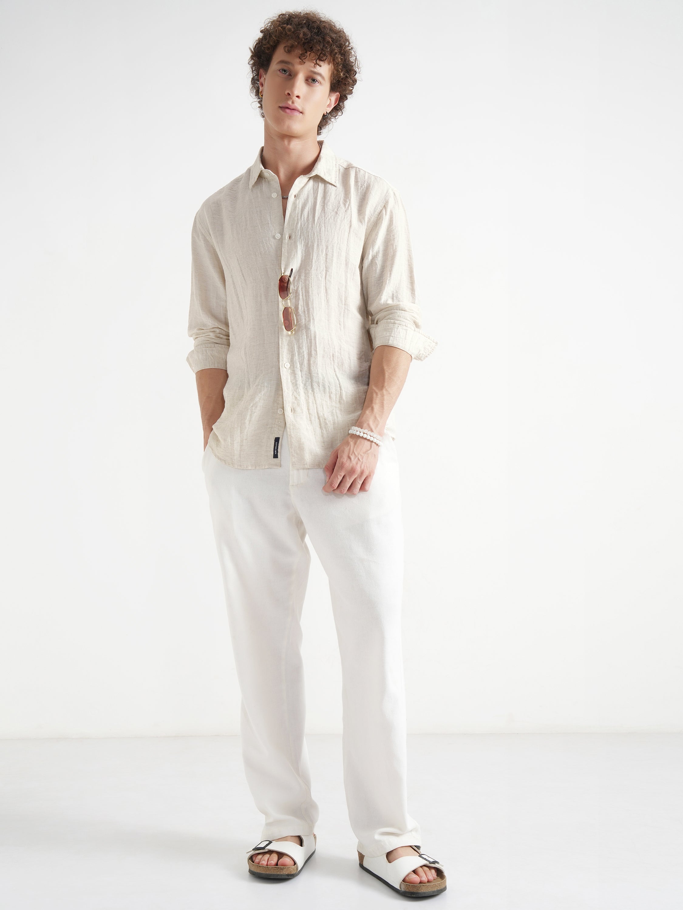 Highlander Men Beige Self Design Relaxed Fit Casual Shirt - Beige - Image 2