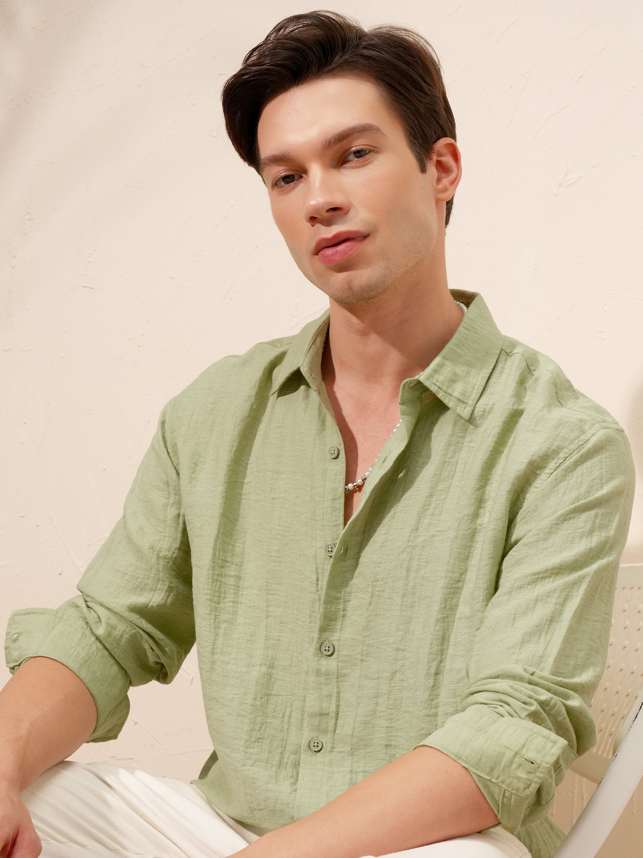 Highlander Men Green Self Design Relaxed Fit Casual Shirt - Green - Image 1