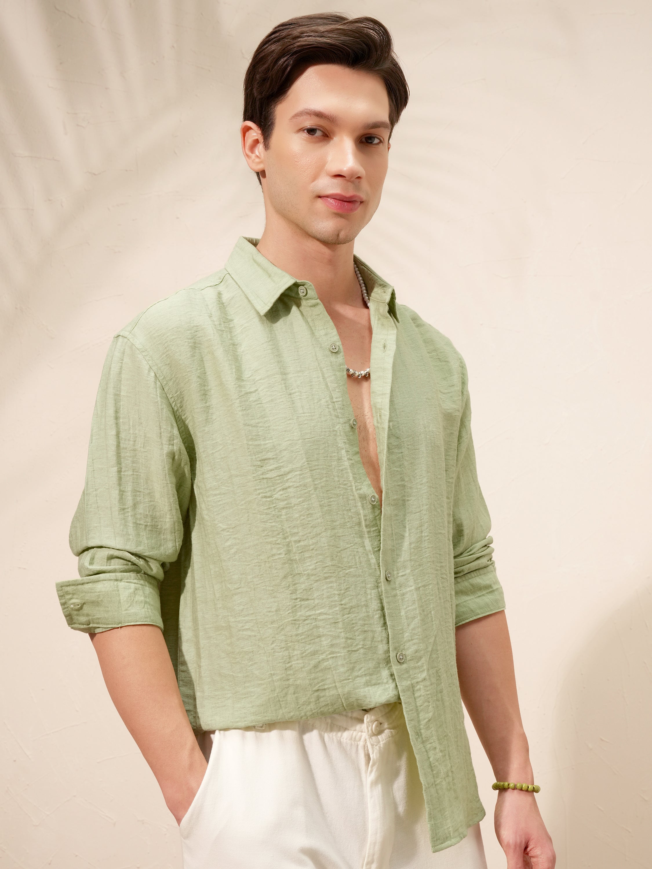 Highlander Men Green Self Design Relaxed Fit Casual Shirt - Green - Image 6