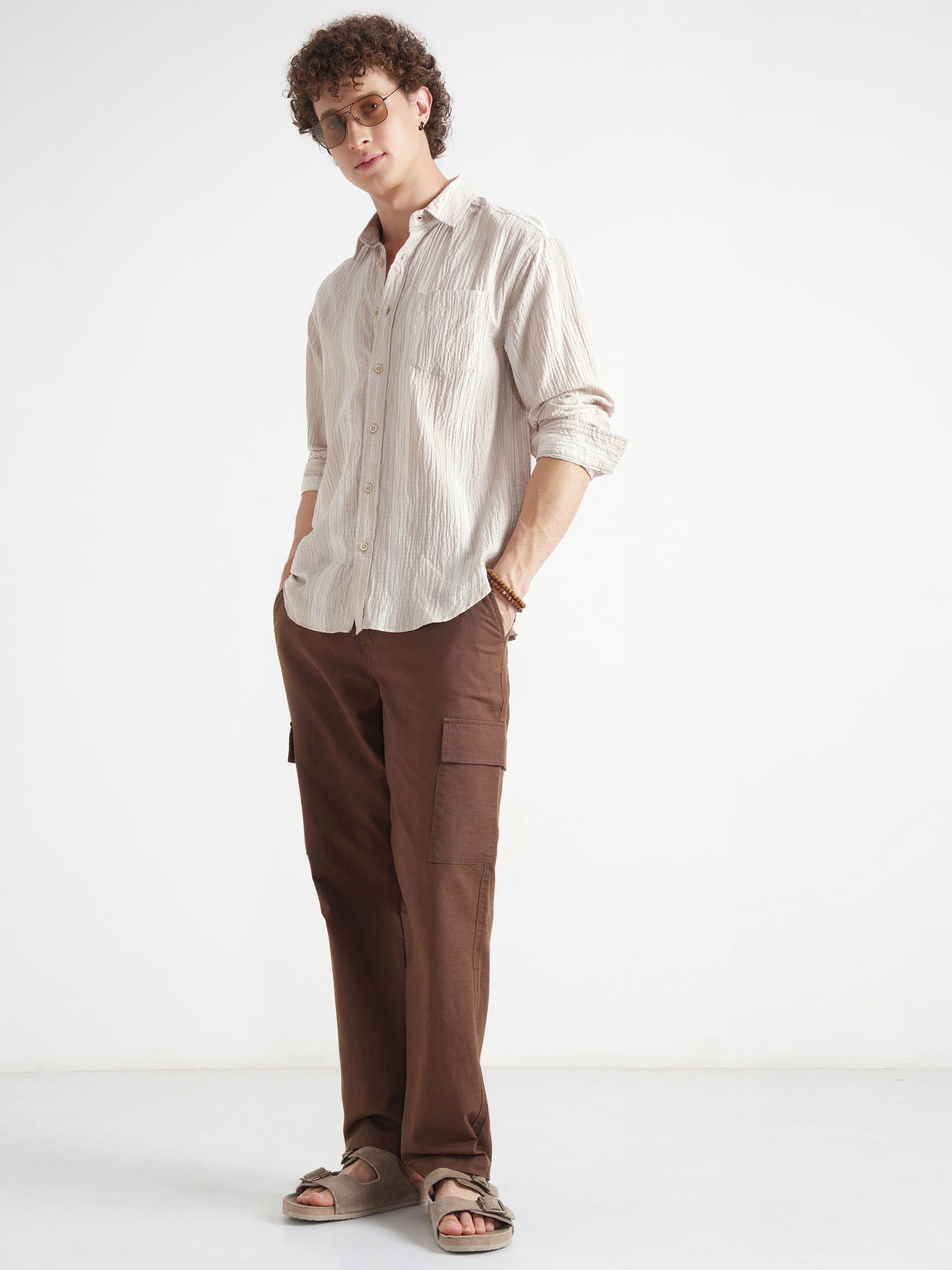 Highlander Men Beige Self Design Relaxed Fit Casual Shirt - Beige - Image 2