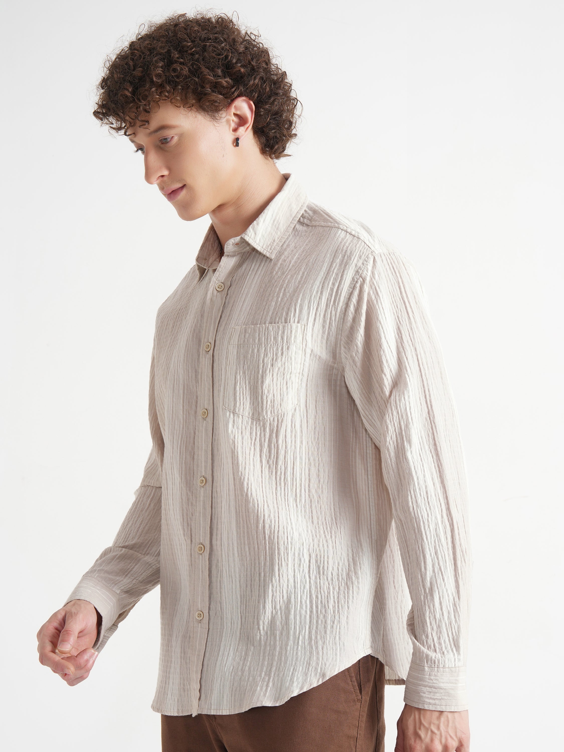 Highlander Men Beige Self Design Relaxed Fit Casual Shirt - Beige - Image 4