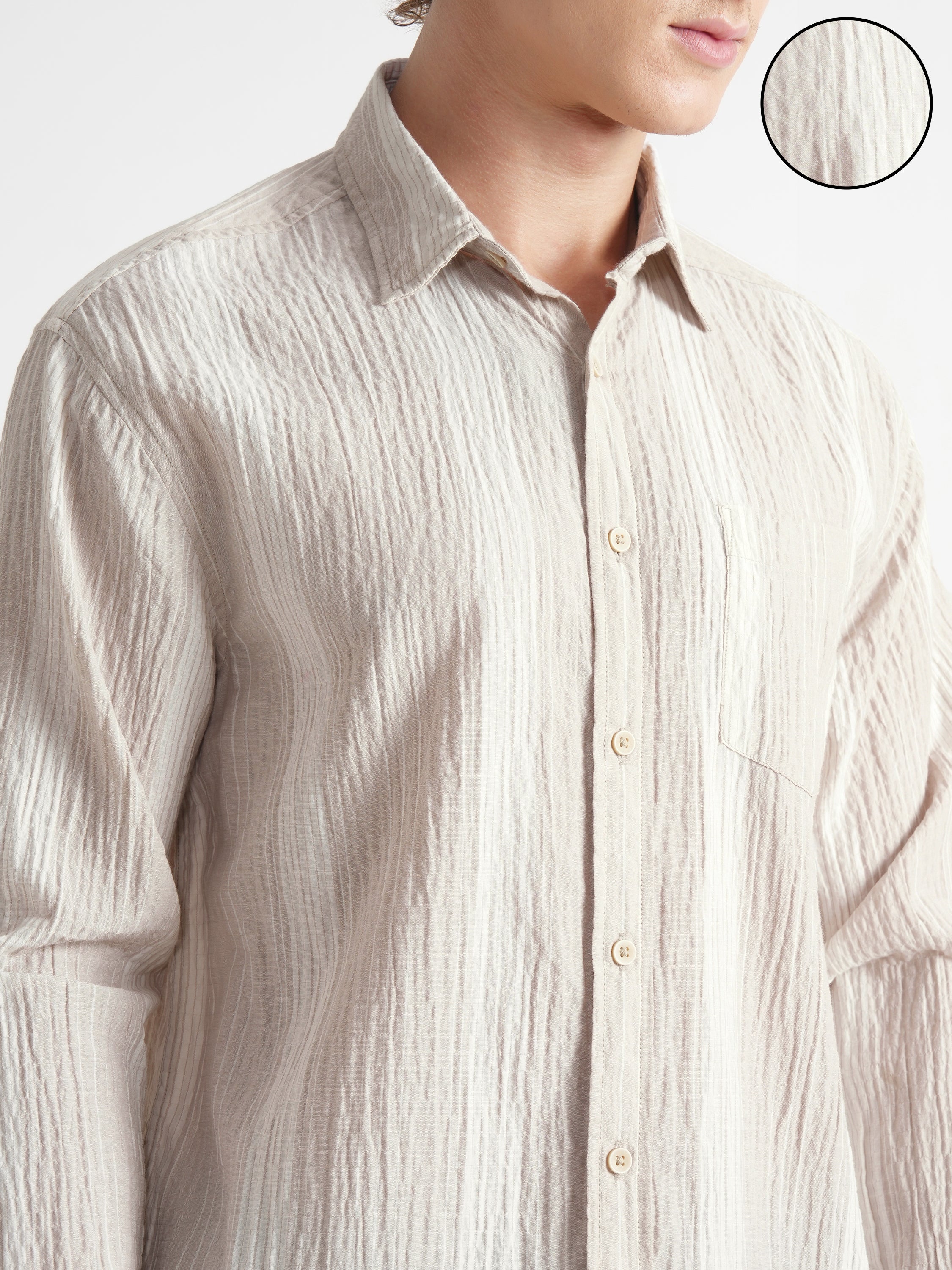 Highlander Men Beige Self Design Relaxed Fit Casual Shirt - Beige - Image 5