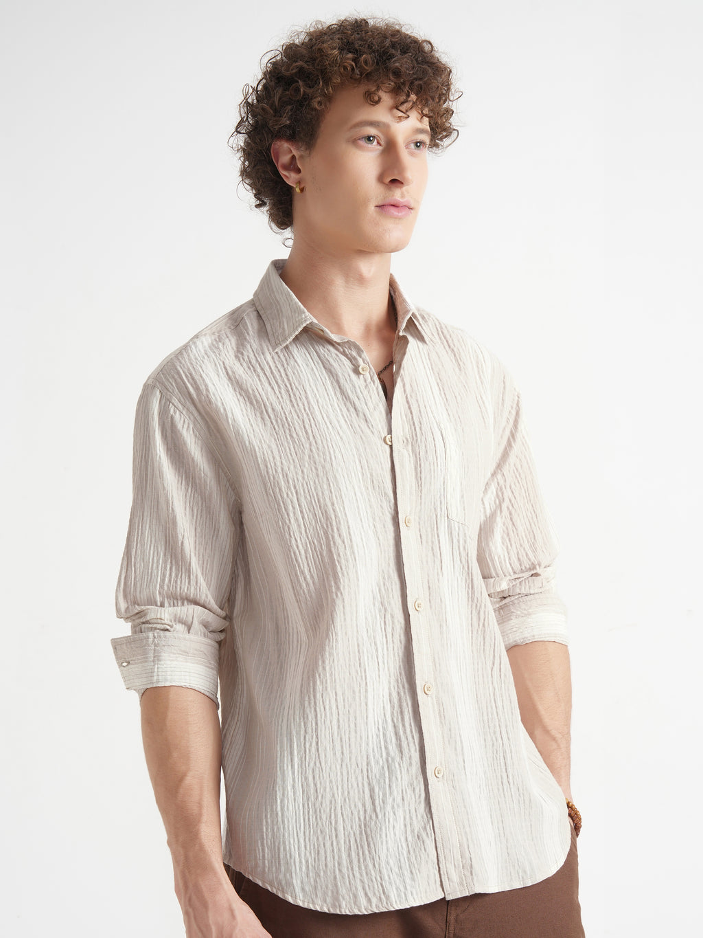 Highlander Men Beige Self Design Relaxed Fit Casual Shirt - Beige - Image 6