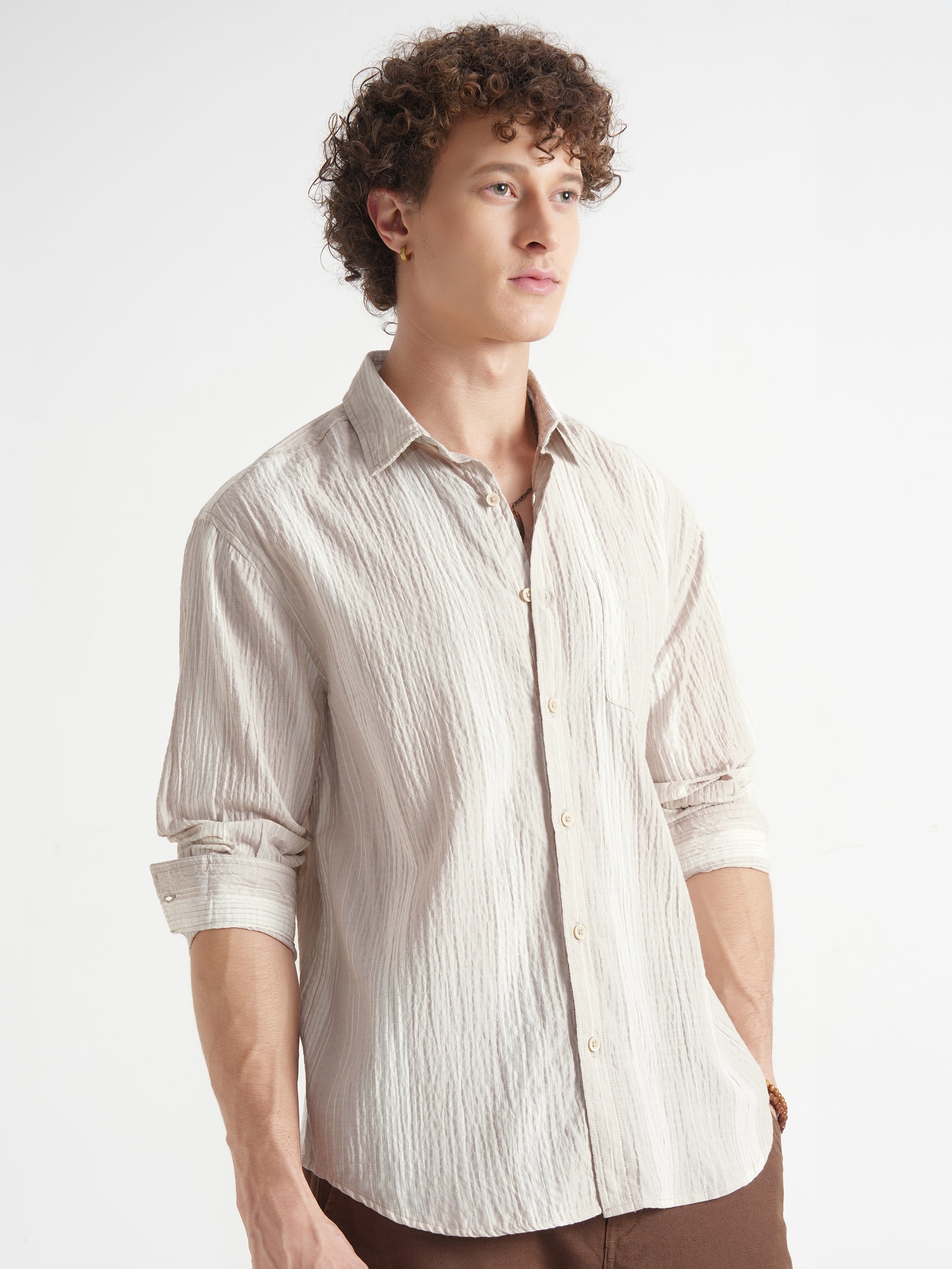 Highlander Men Beige Self Design Relaxed Fit Casual Shirt - Beige - Image 6