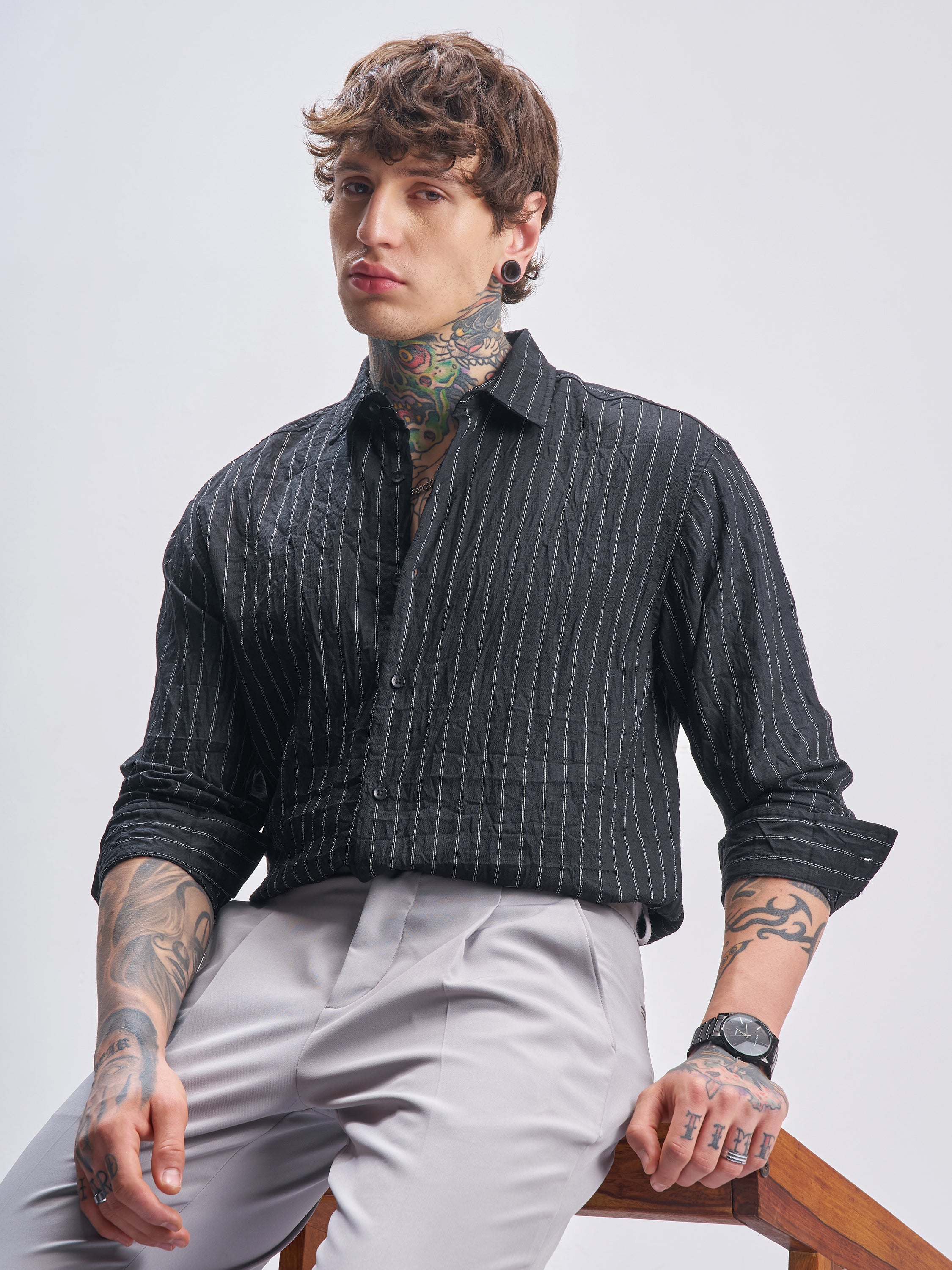 Highlander Men Black Striped Relaxed Fit Casual Shirt - Black - Image 1