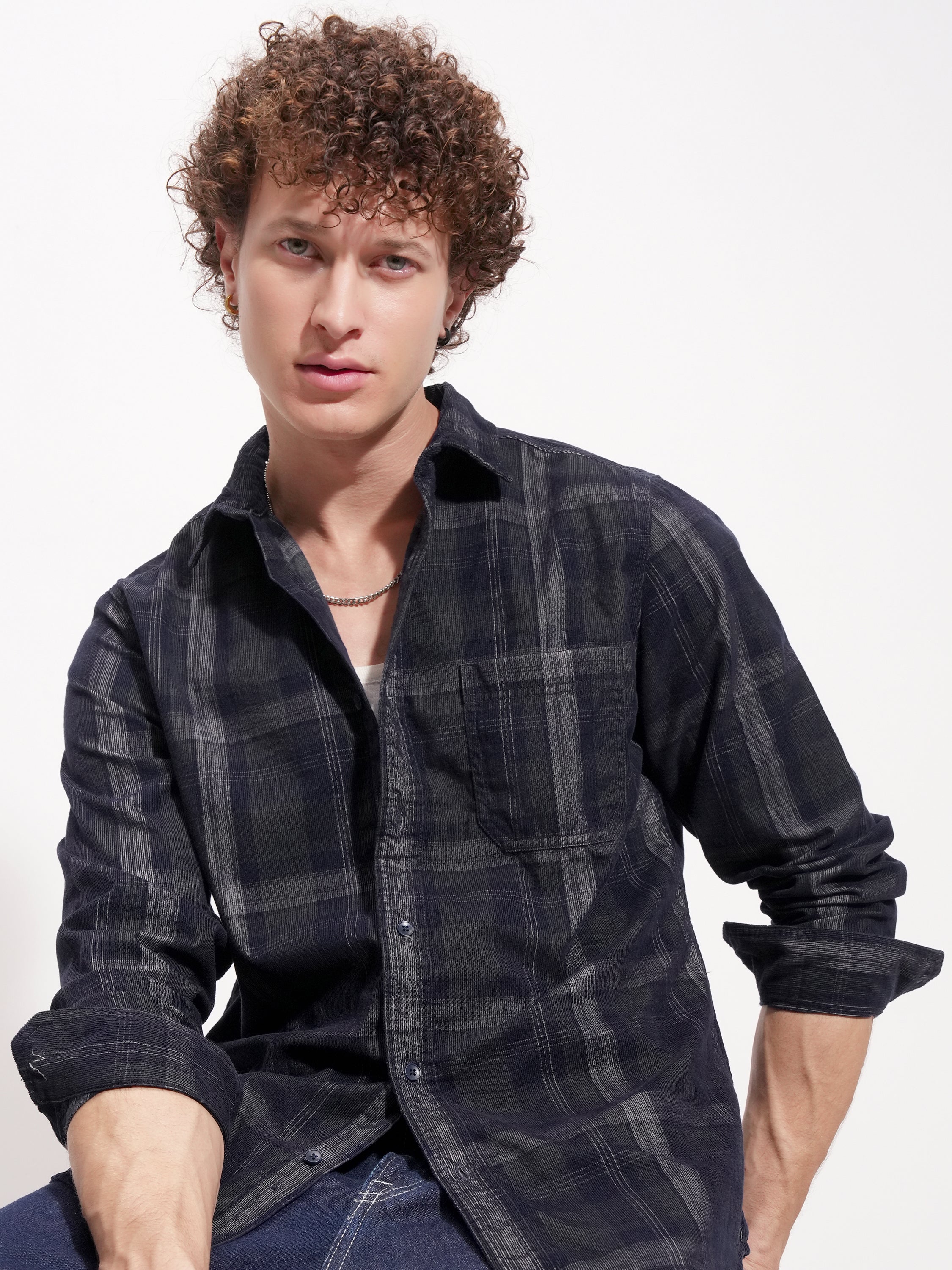 Highlander Men Navy Blue Checked Slim Fit Casual Shirt - Navy Blue - Image 1