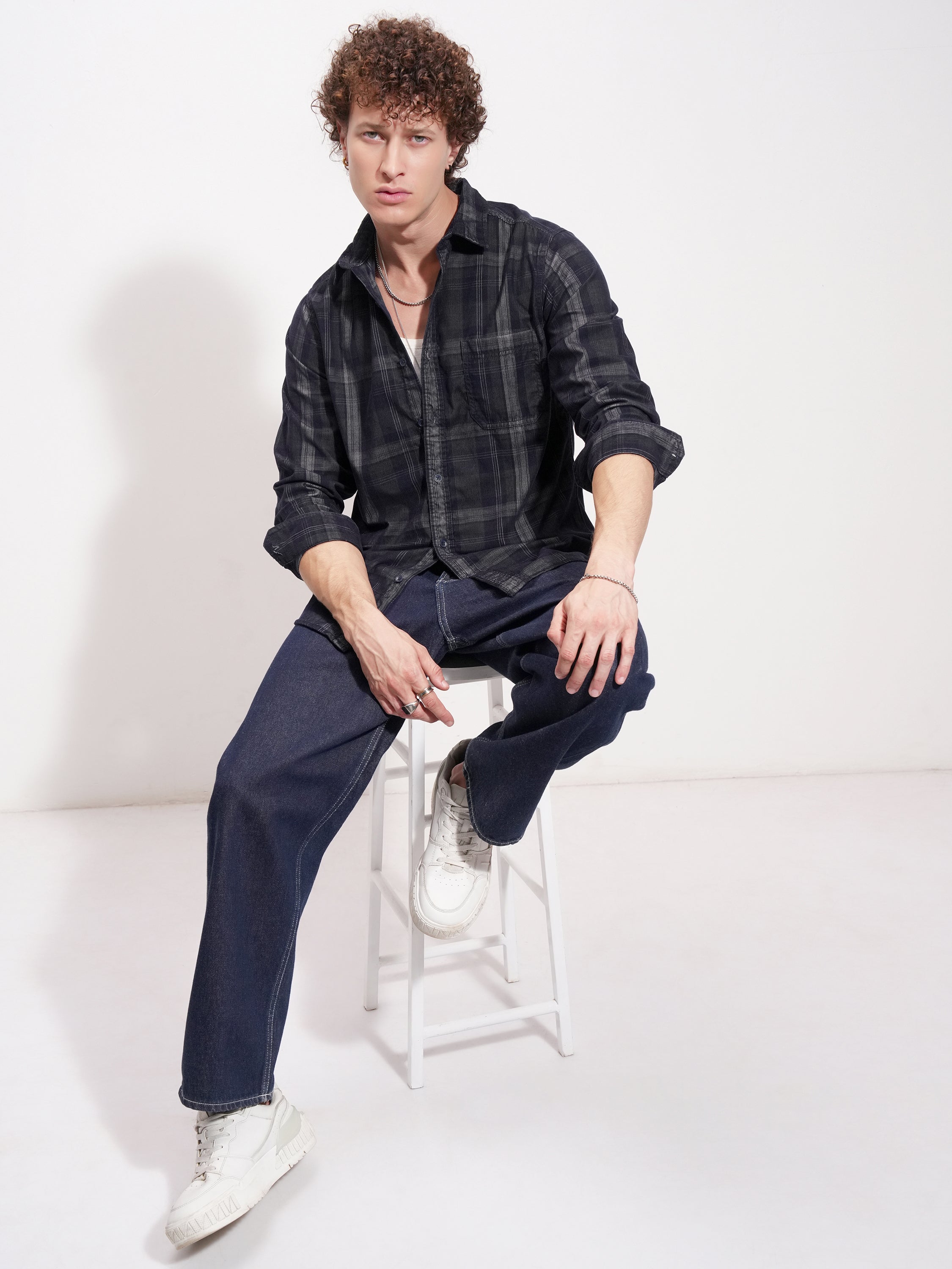 Highlander Men Navy Blue Checked Slim Fit Casual Shirt - Navy Blue - Image 2