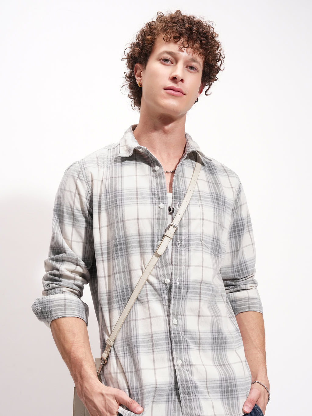 Highlander Men Off White Checked Slim Fit Casual Shirt - Off White - Image 1