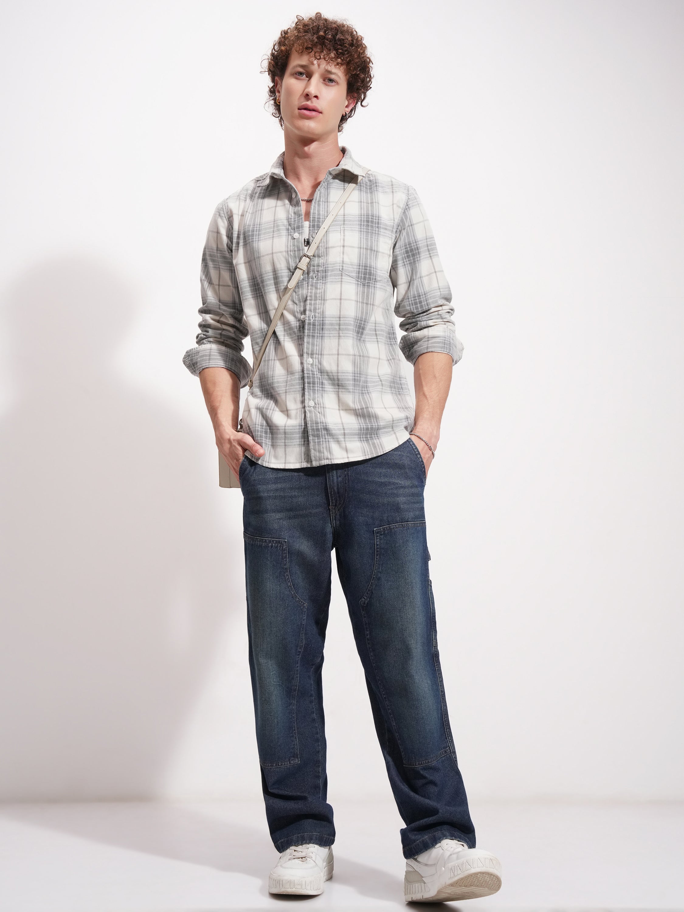 Highlander Men Off White Checked Slim Fit Casual Shirt - Off White - Image 2