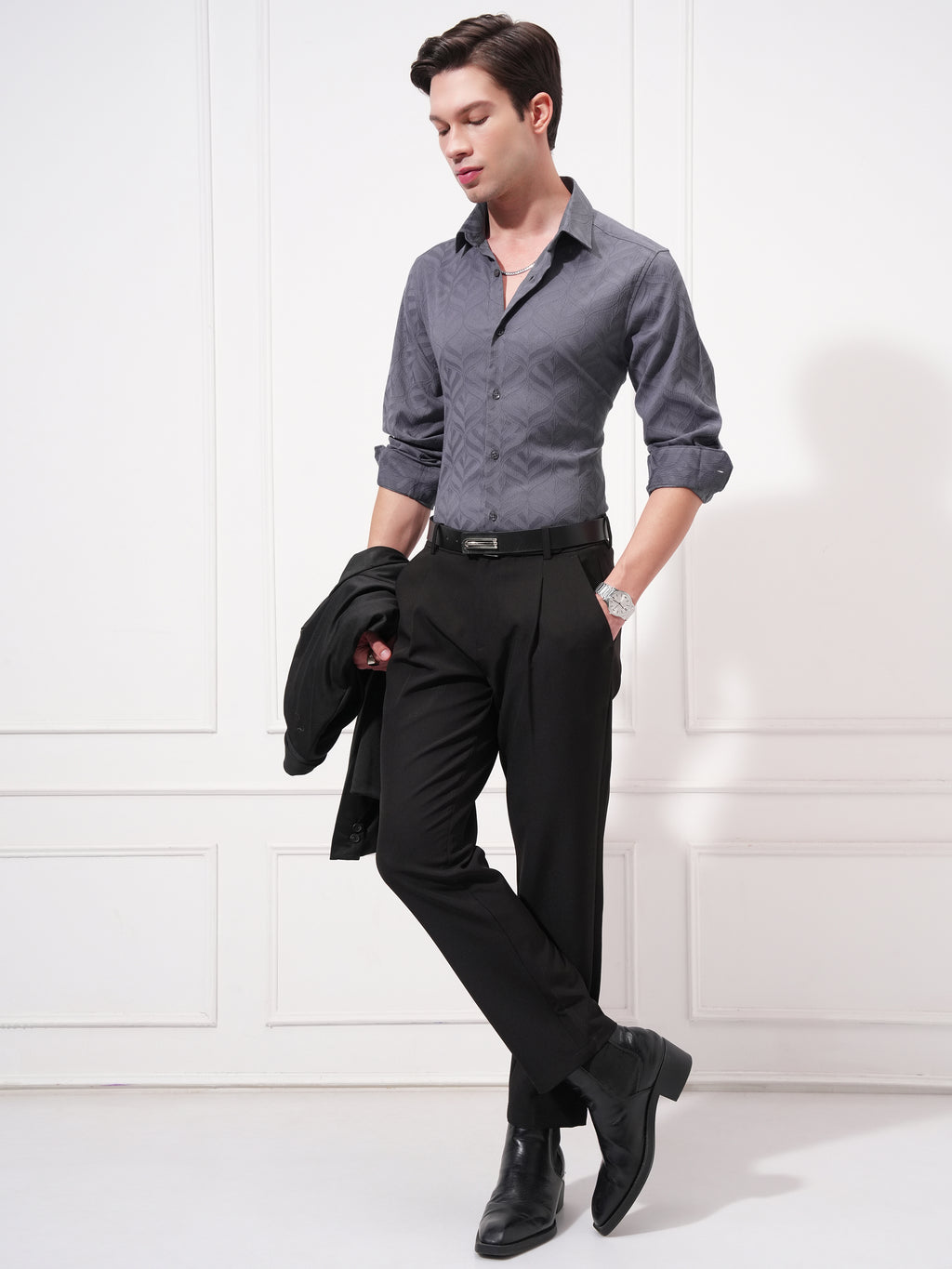 Highlander Men Grey Self Design Slim Fit Casual Shirt - Grey - Image 2