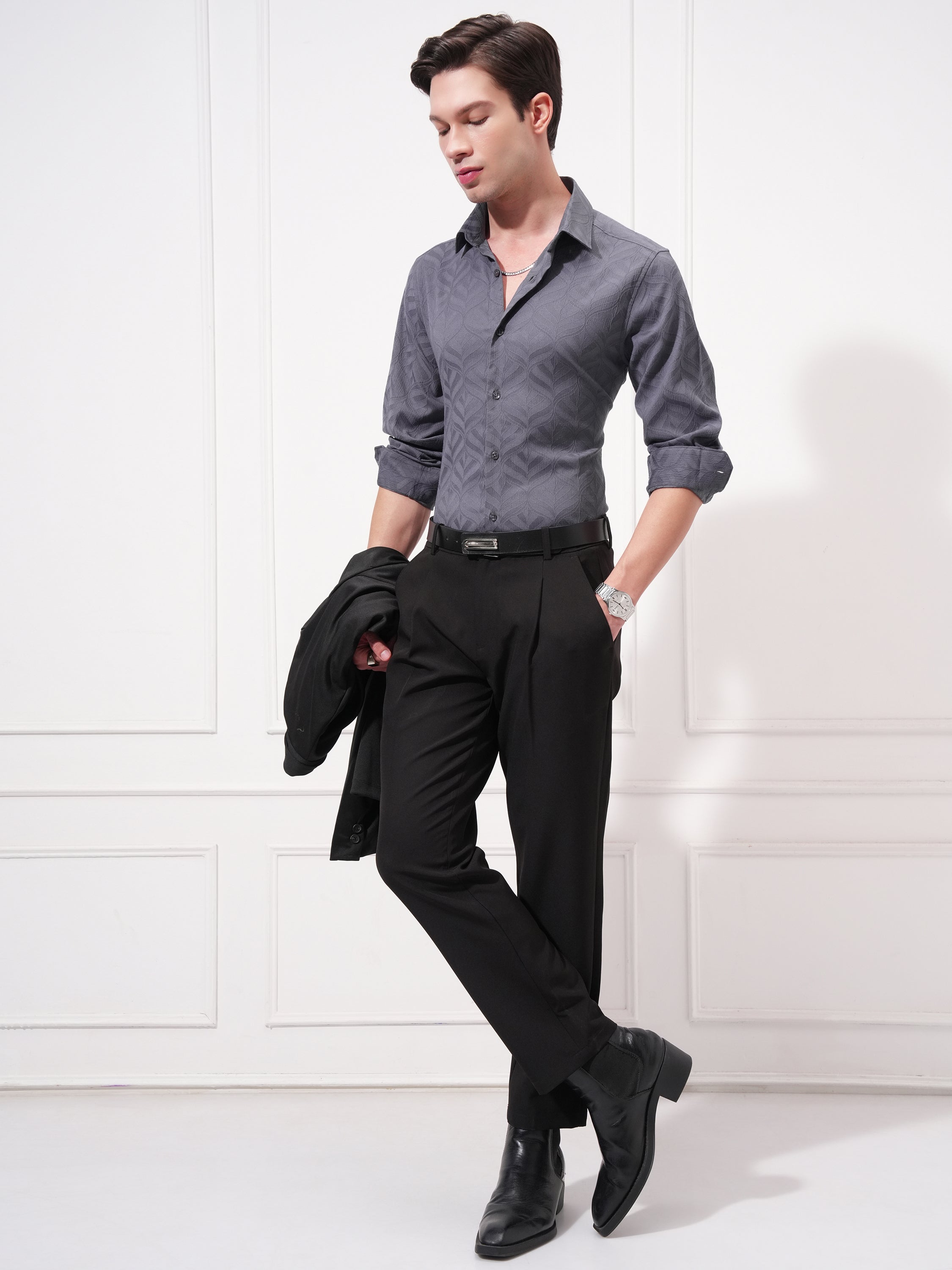 Highlander Men Grey Self Design Slim Fit Casual Shirt - Grey - Image 2