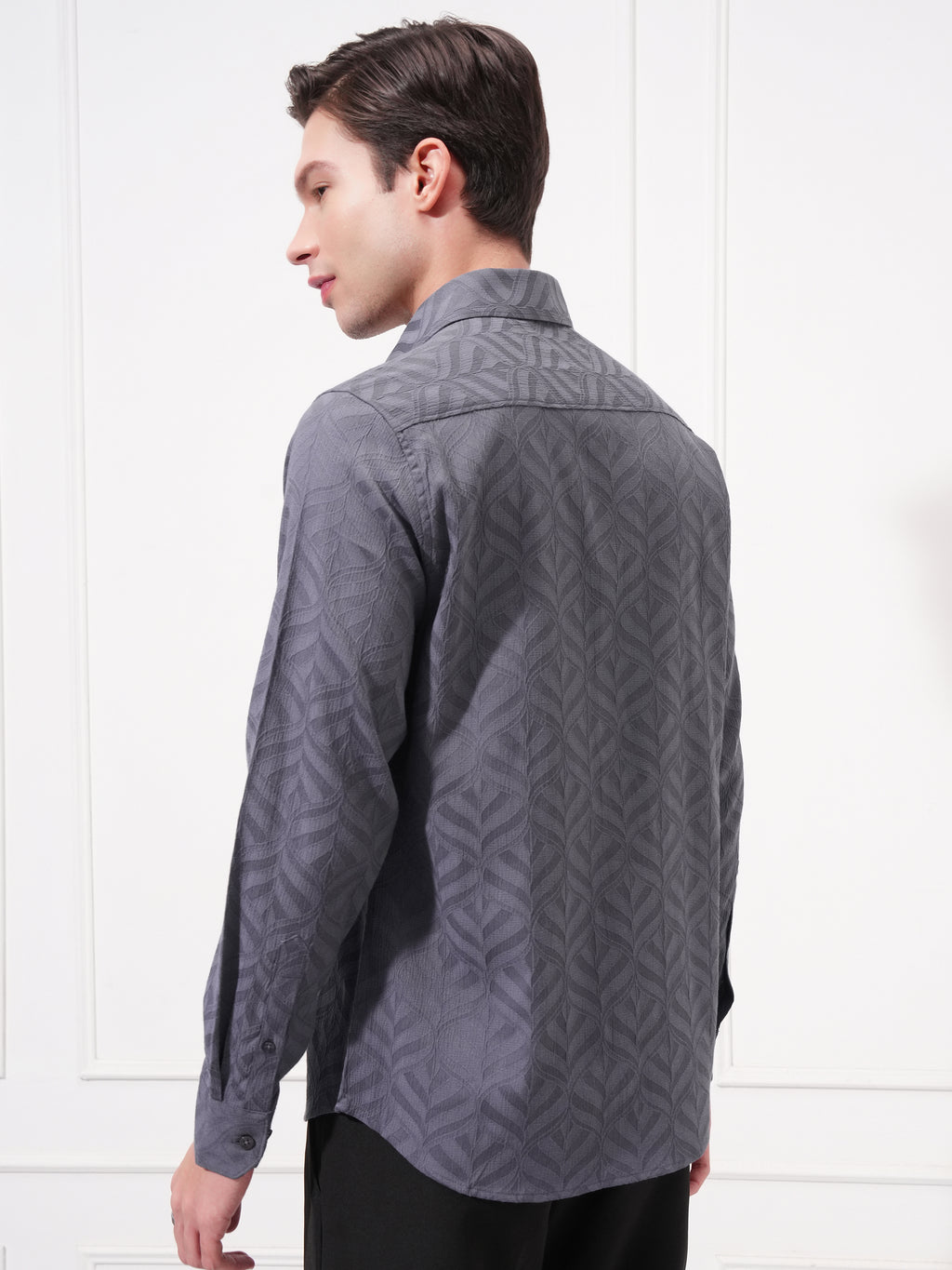 Highlander Men Grey Self Design Slim Fit Casual Shirt - Grey - Image 3
