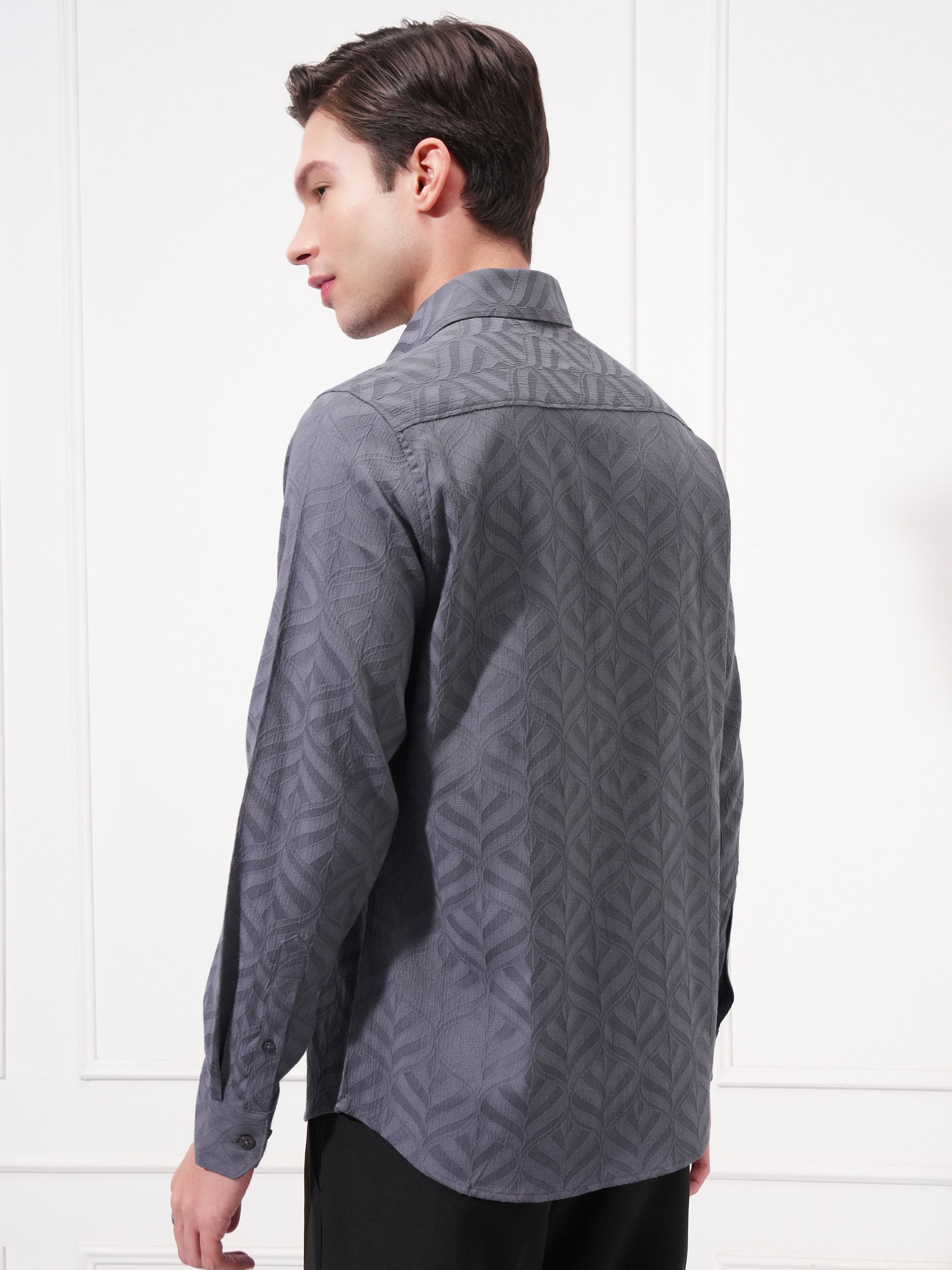 Highlander Men Grey Self Design Slim Fit Casual Shirt - Grey - Image 3