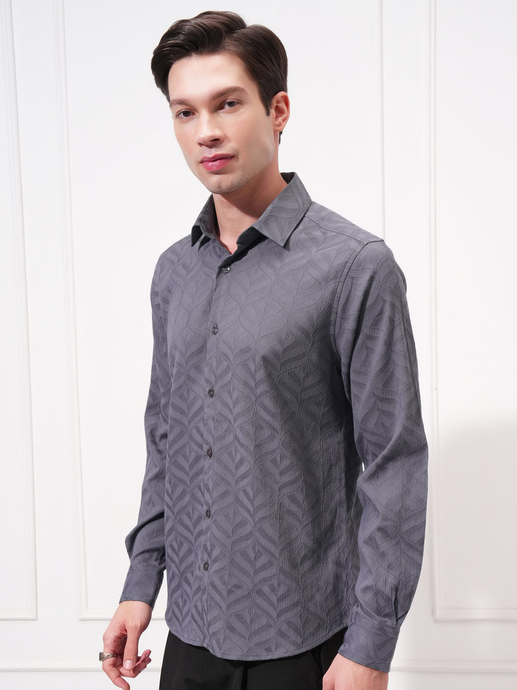 Highlander Men Grey Self Design Slim Fit Casual Shirt - Grey - Image 4