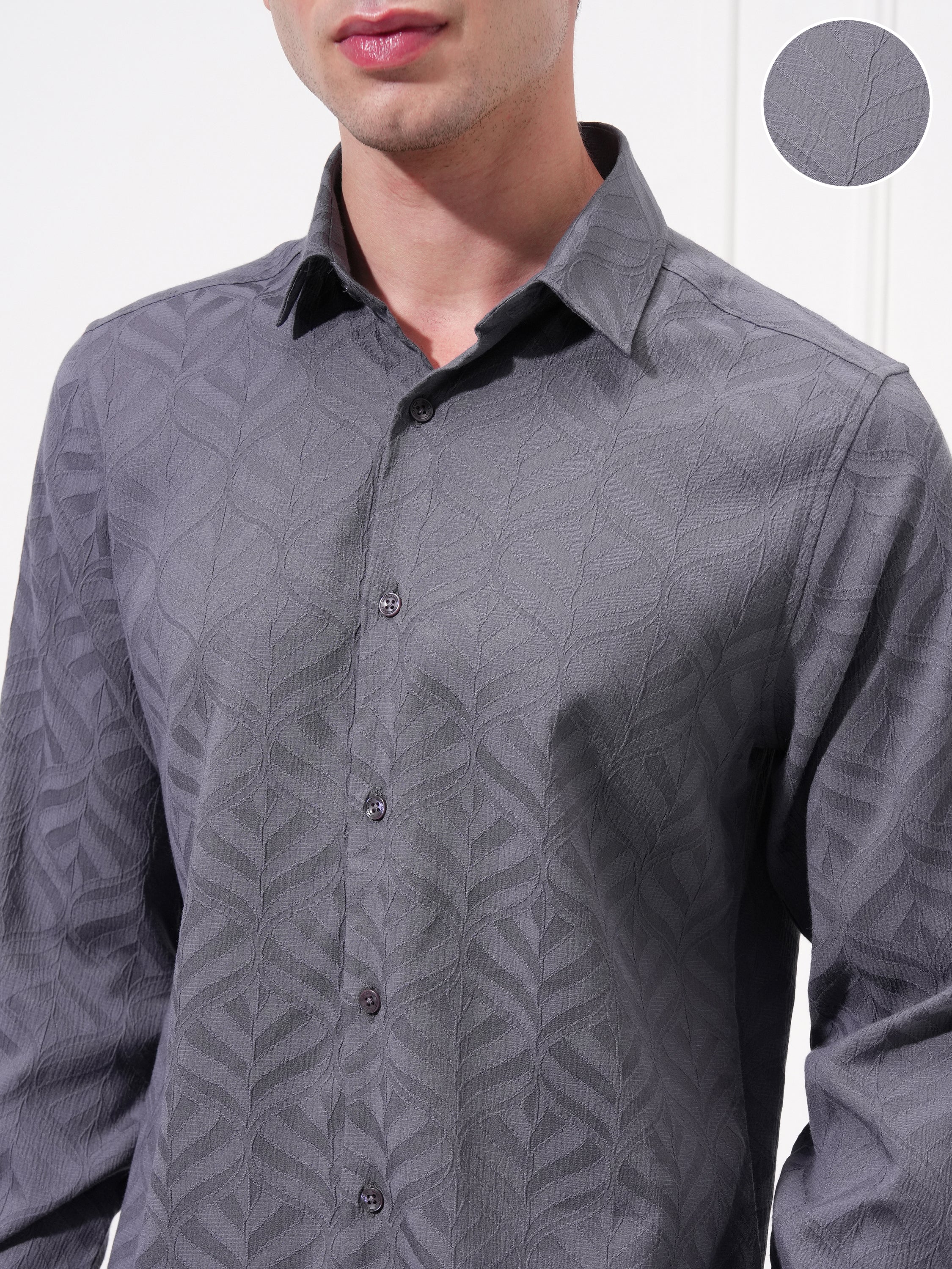 Highlander Men Grey Self Design Slim Fit Casual Shirt - Grey - Image 5