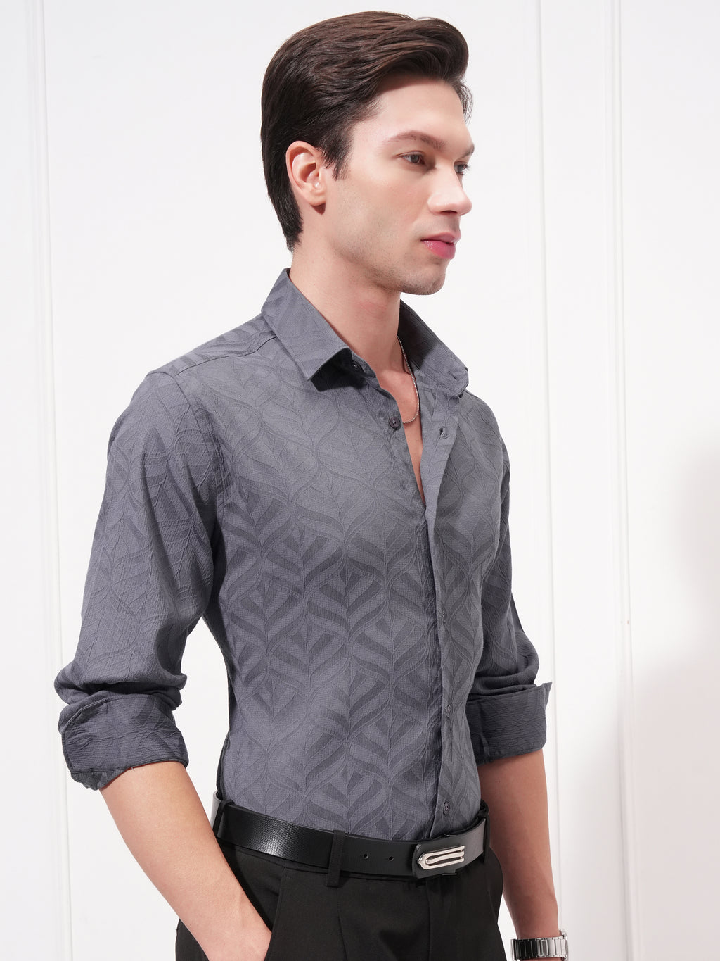Highlander Men Grey Self Design Slim Fit Casual Shirt - Grey - Image 6