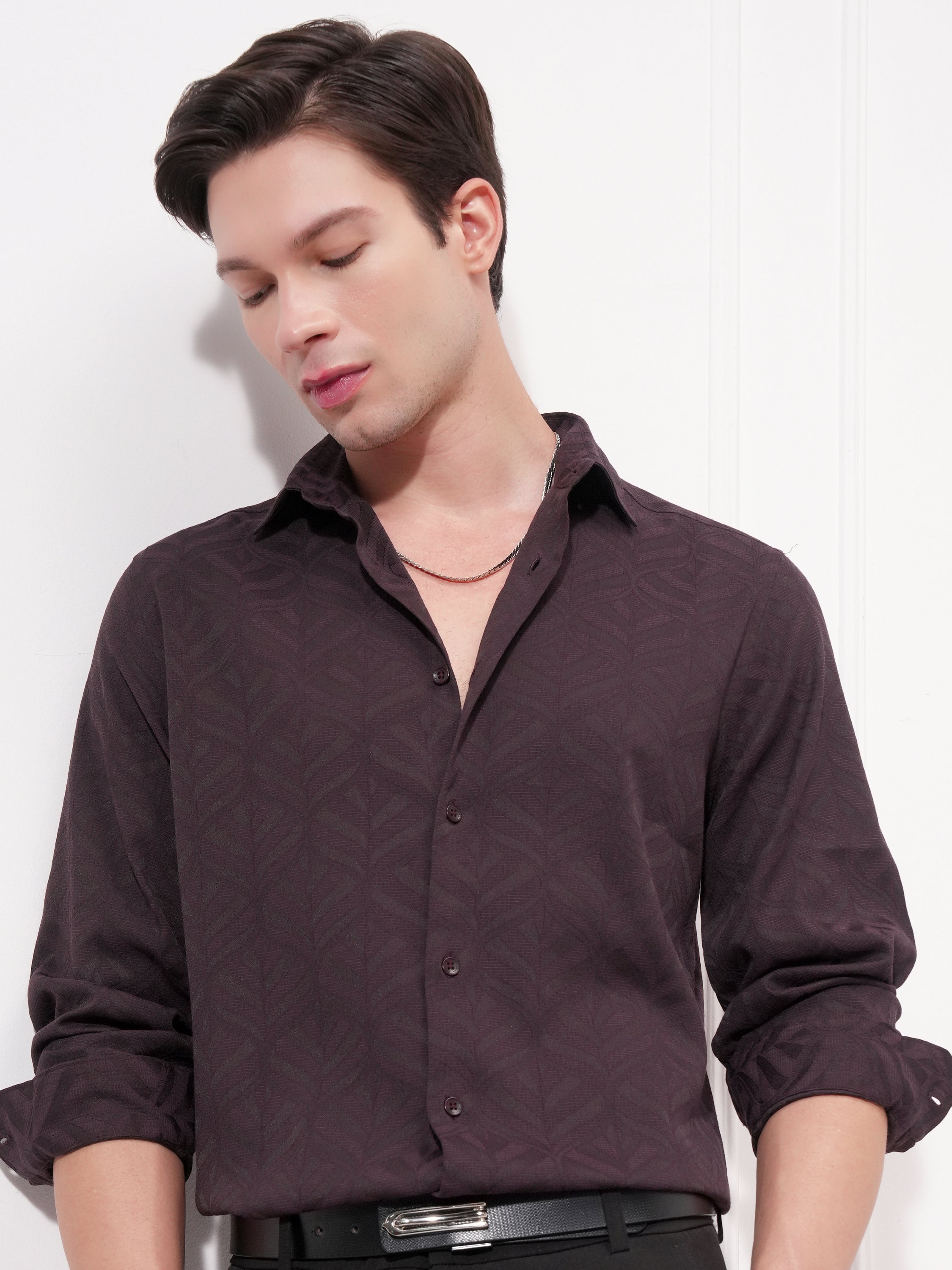 Highlander Men Purple Self Design Slim Fit Casual Shirt - Purple - Image 1