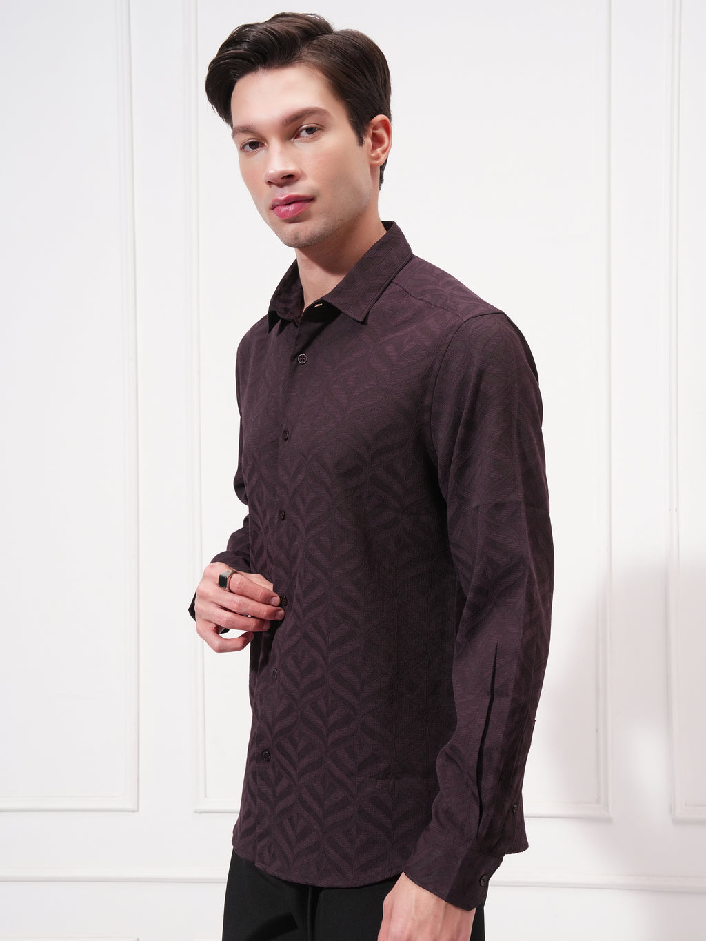 Highlander Men Purple Self Design Slim Fit Casual Shirt - Purple - Image 4