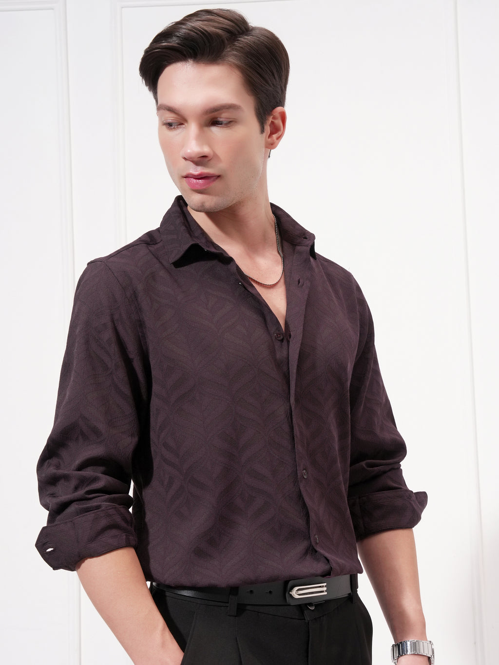 Highlander Men Purple Self Design Slim Fit Casual Shirt - Purple - Image 6