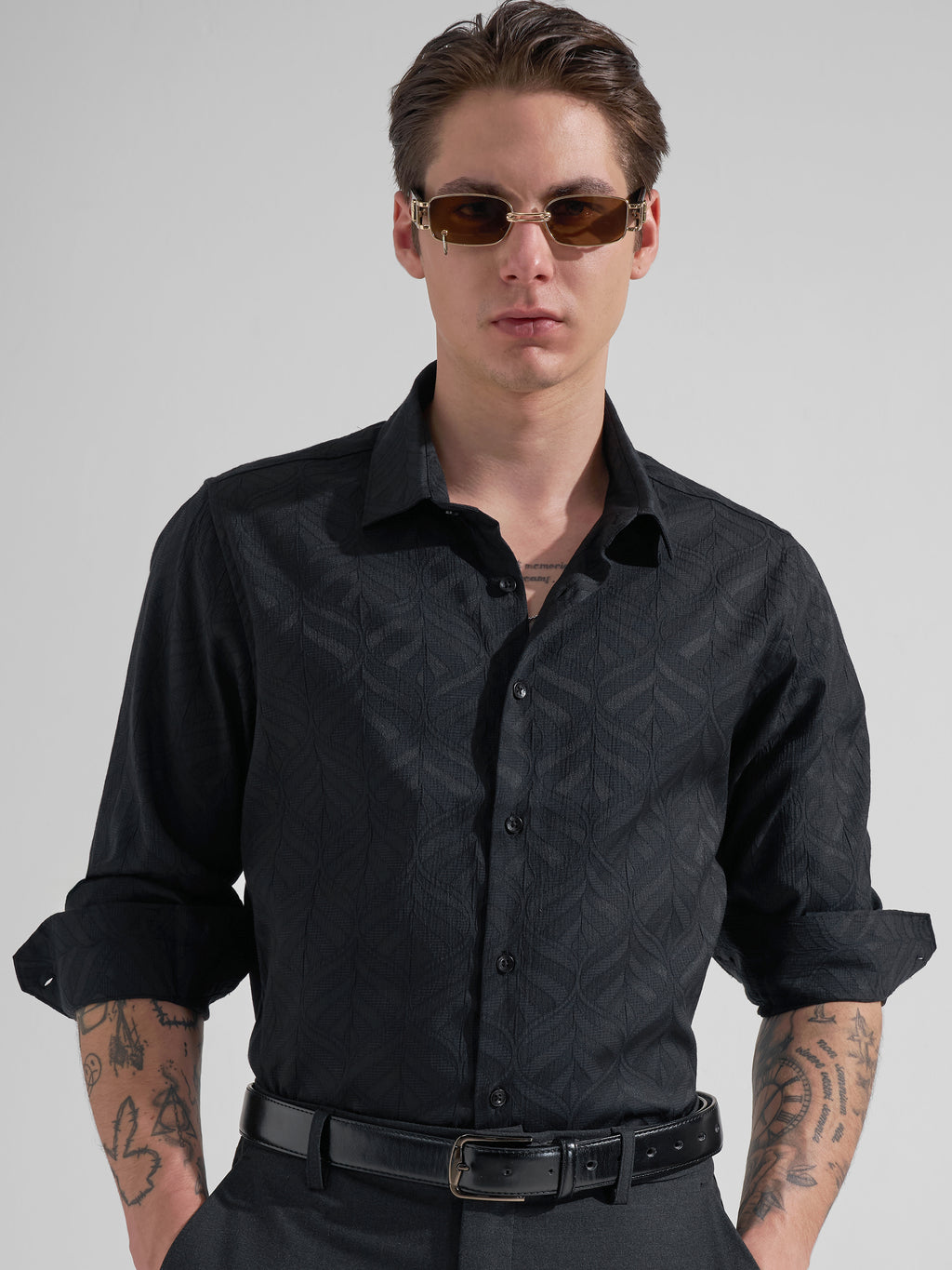 Highlander Men Black Self Design Slim Fit Casual Shirt