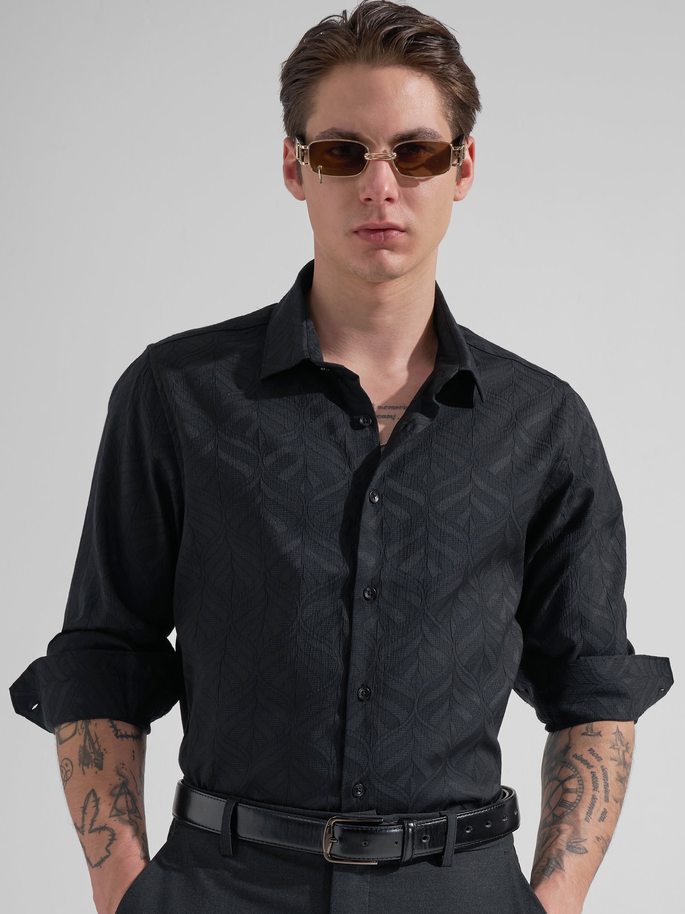Highlander Men Black Self Design Slim Fit Casual Shirt