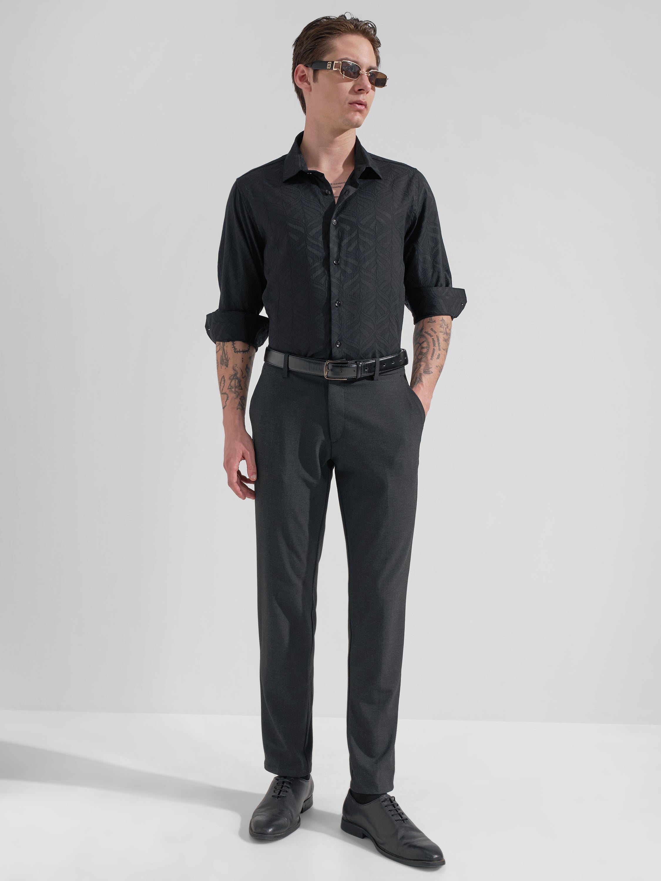 Highlander Men Black Self Design Slim Fit Casual Shirt