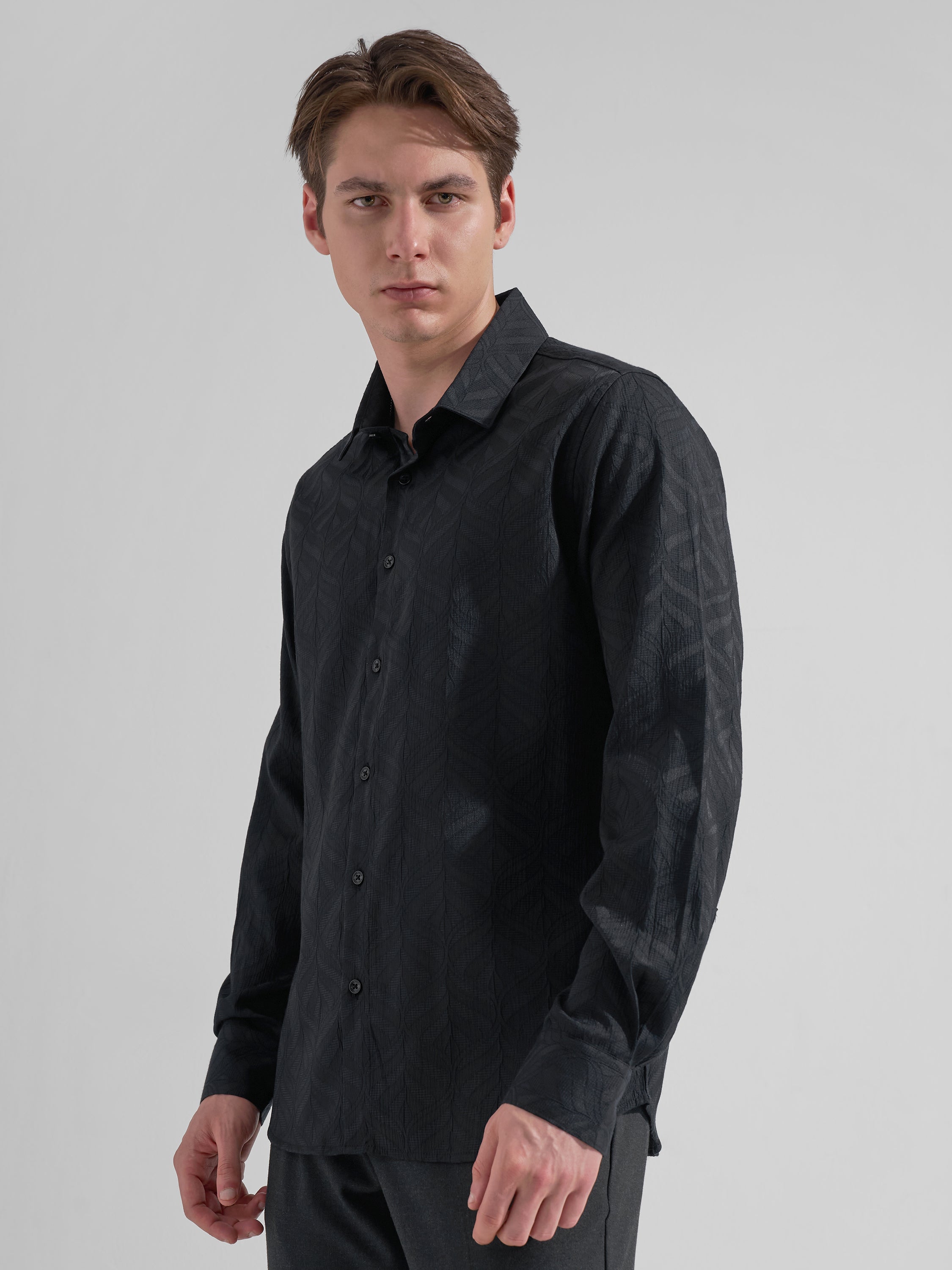 Highlander Men Black Self Design Slim Fit Casual Shirt
