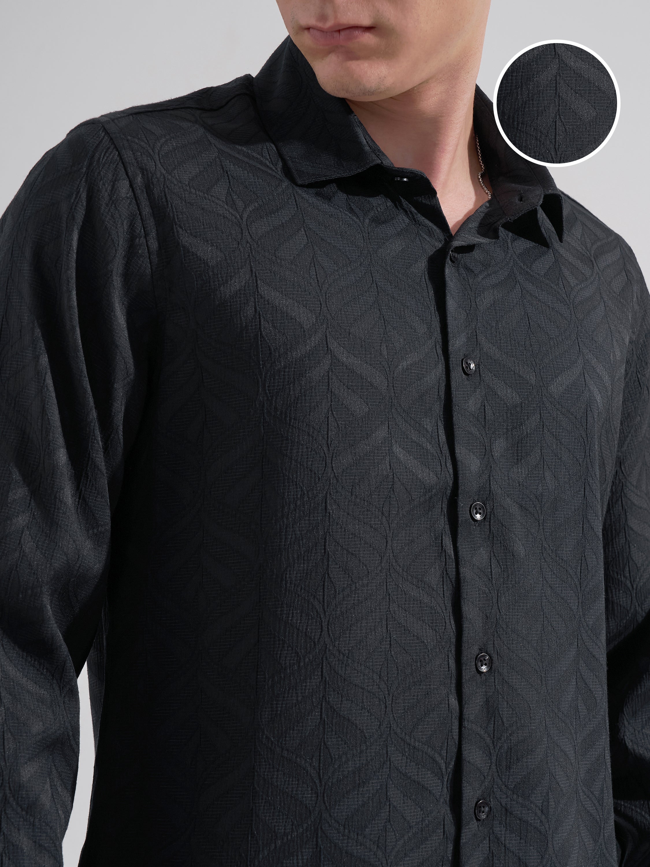Highlander Men Black Self Design Slim Fit Casual Shirt