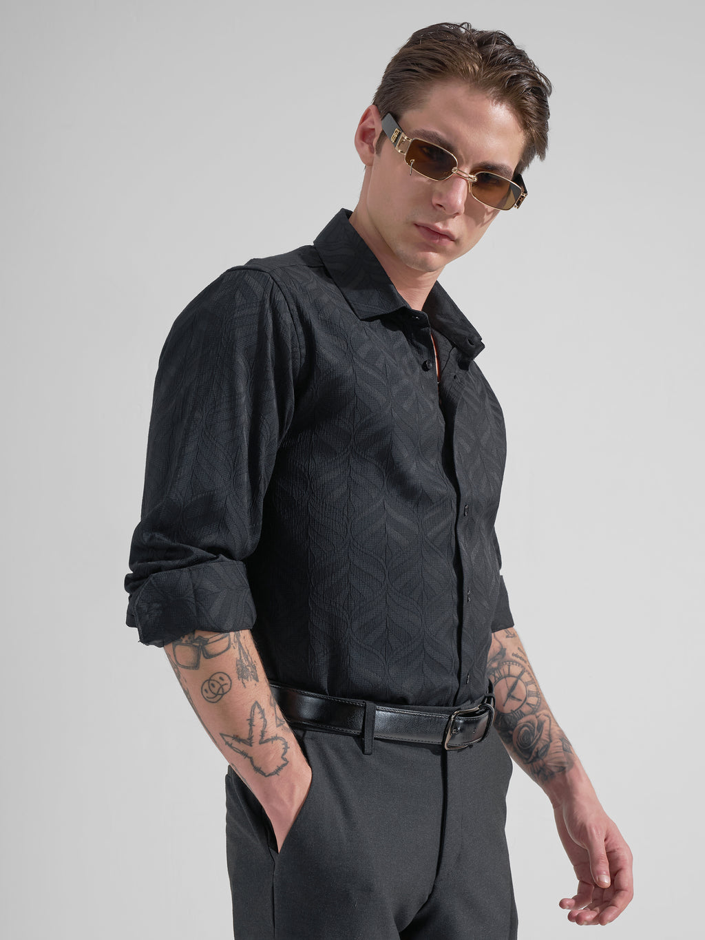 Highlander Men Black Self Design Slim Fit Casual Shirt