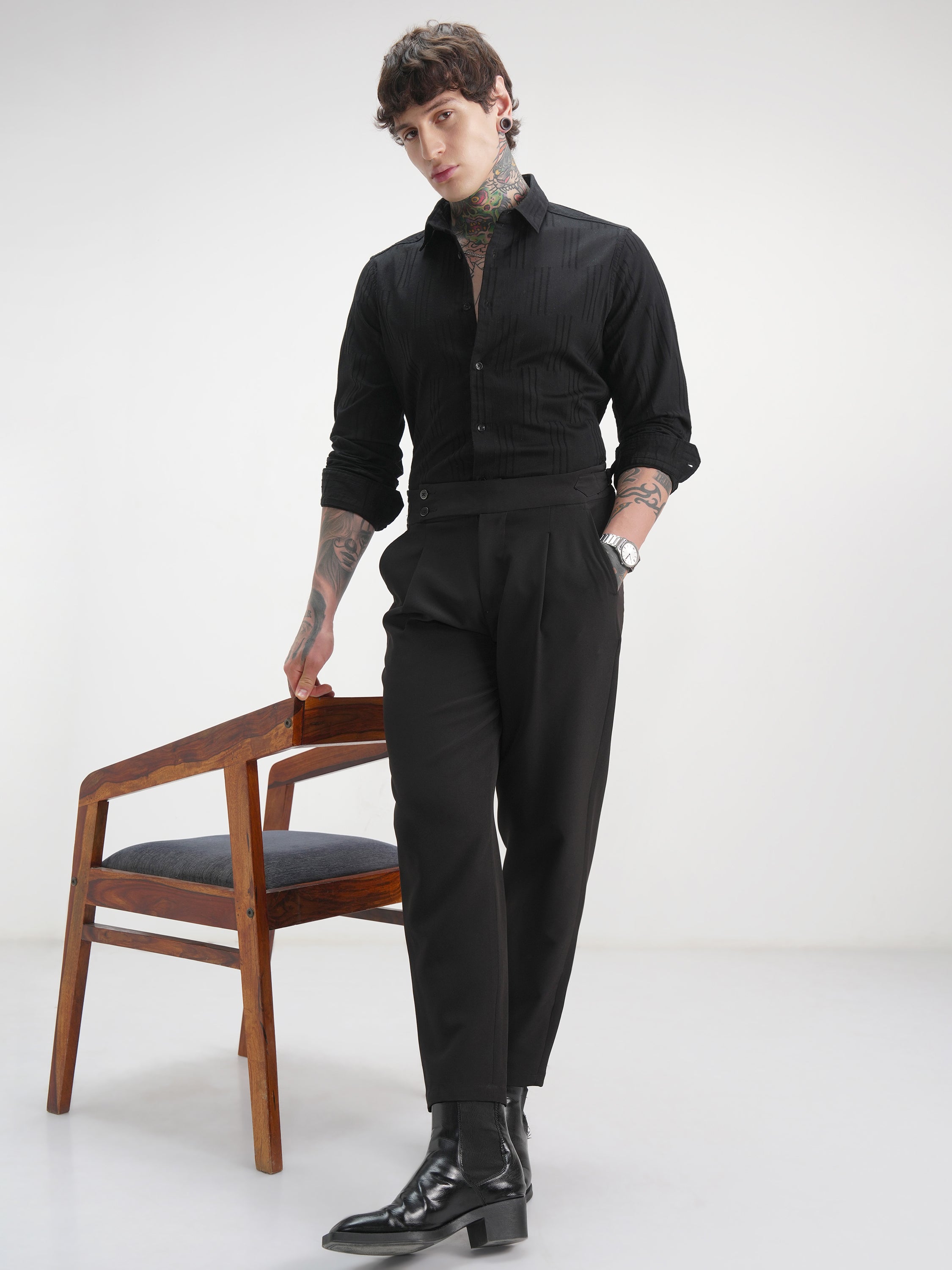 Highlander Men Black Self Design Slim Fit Casual Shirt - Black - Image 2